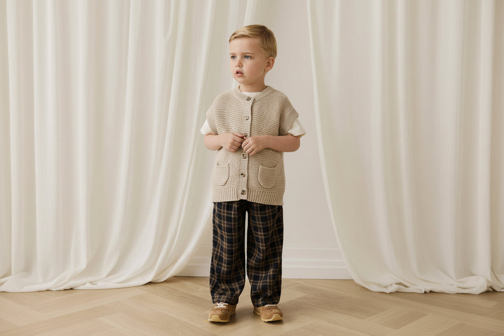 Pantalon en coton biologique à carreaux "Woodland" décontracté et naturel avec nœud décoratif à la taille pour enfants de 6 mois à 8 ans
