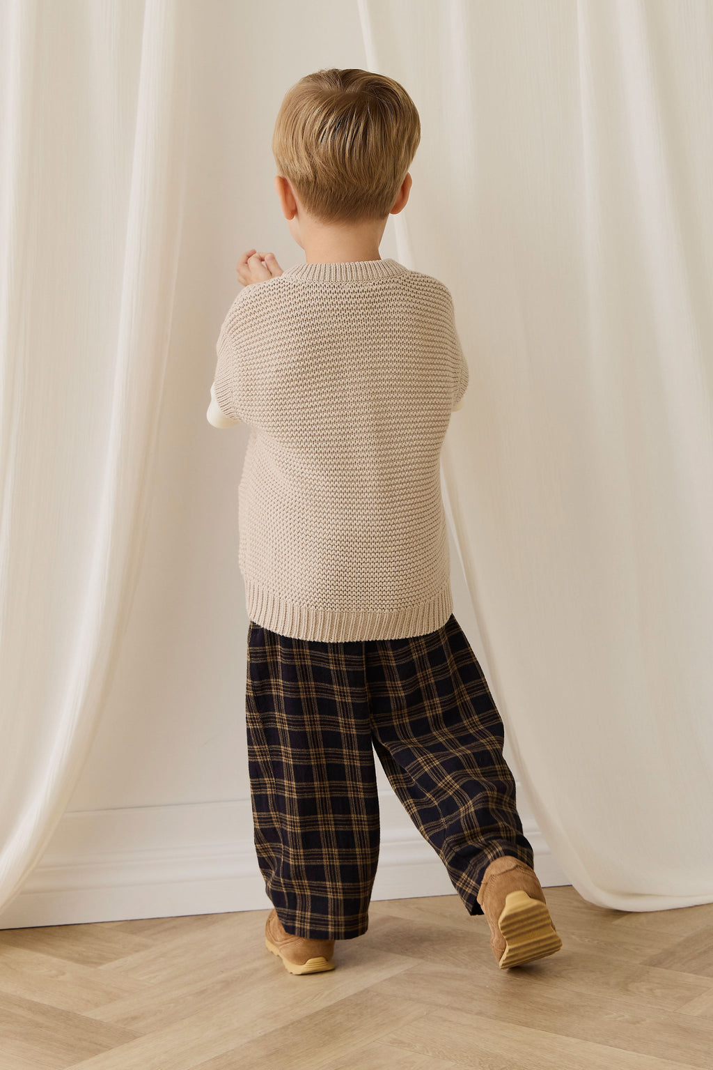 Pantalon en coton biologique à carreaux "Woodland" décontracté et naturel avec nœud décoratif à la taille pour enfants de 6 mois à 8 ans