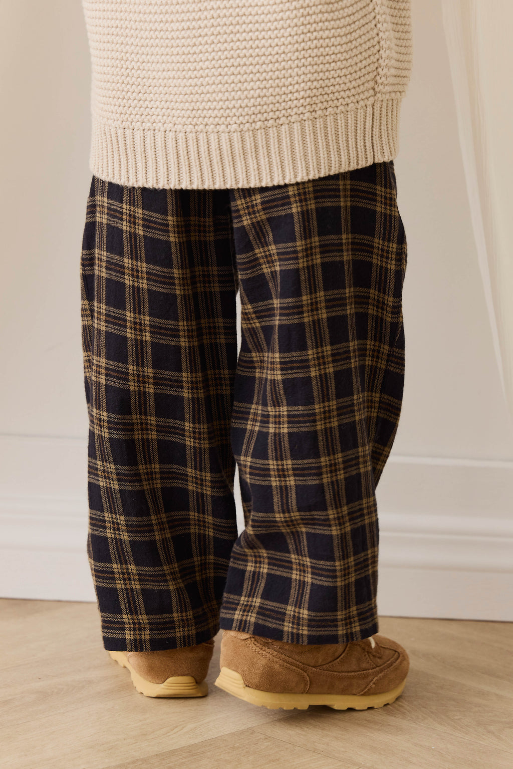 Pantalon en coton biologique à carreaux "Woodland" décontracté et naturel avec nœud décoratif à la taille pour enfants de 6 mois à 8 ans