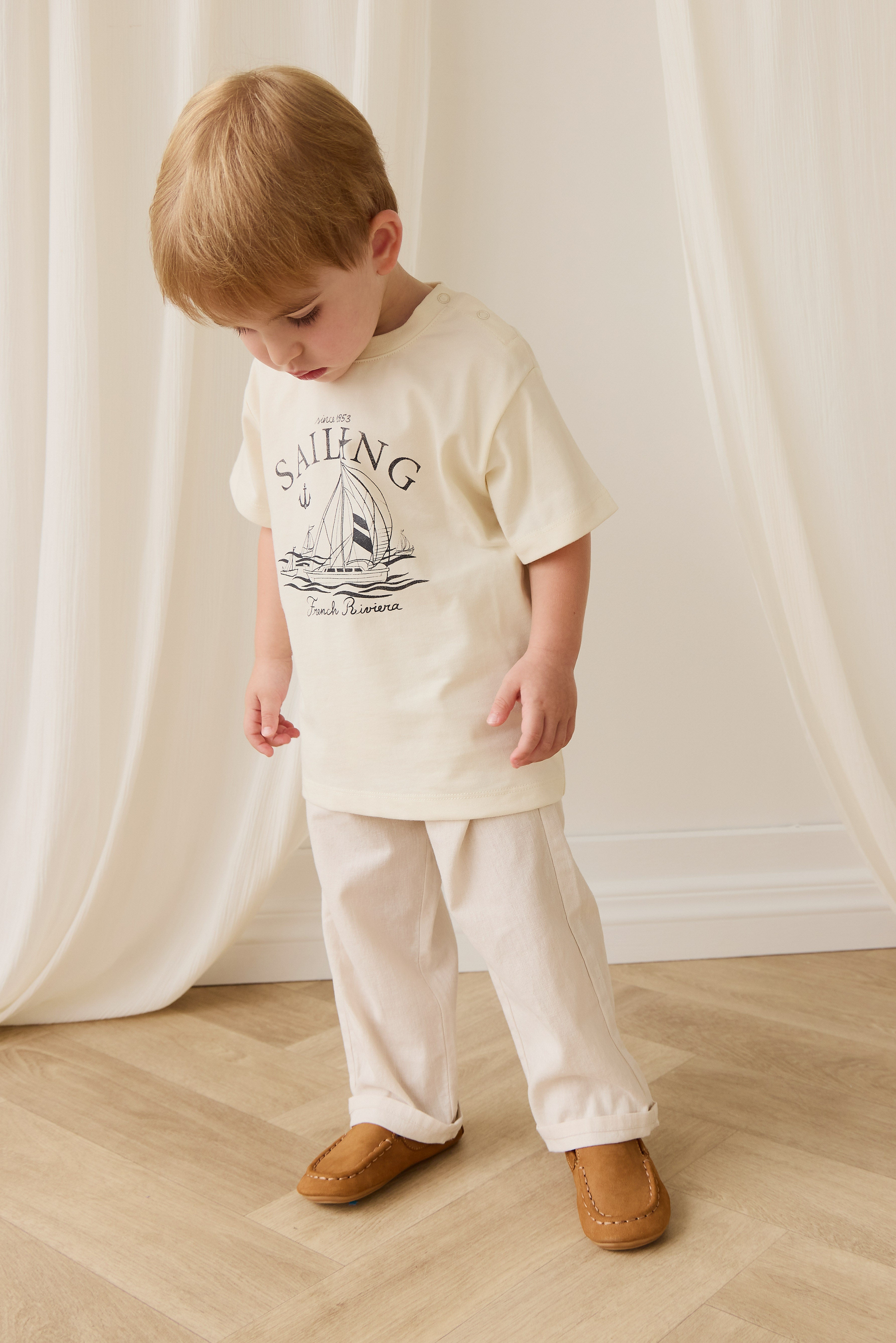 Pantalon droit décontracté en lin de coton naturel uni avec taille élastique pour enfants de 6 mois à 10 ans