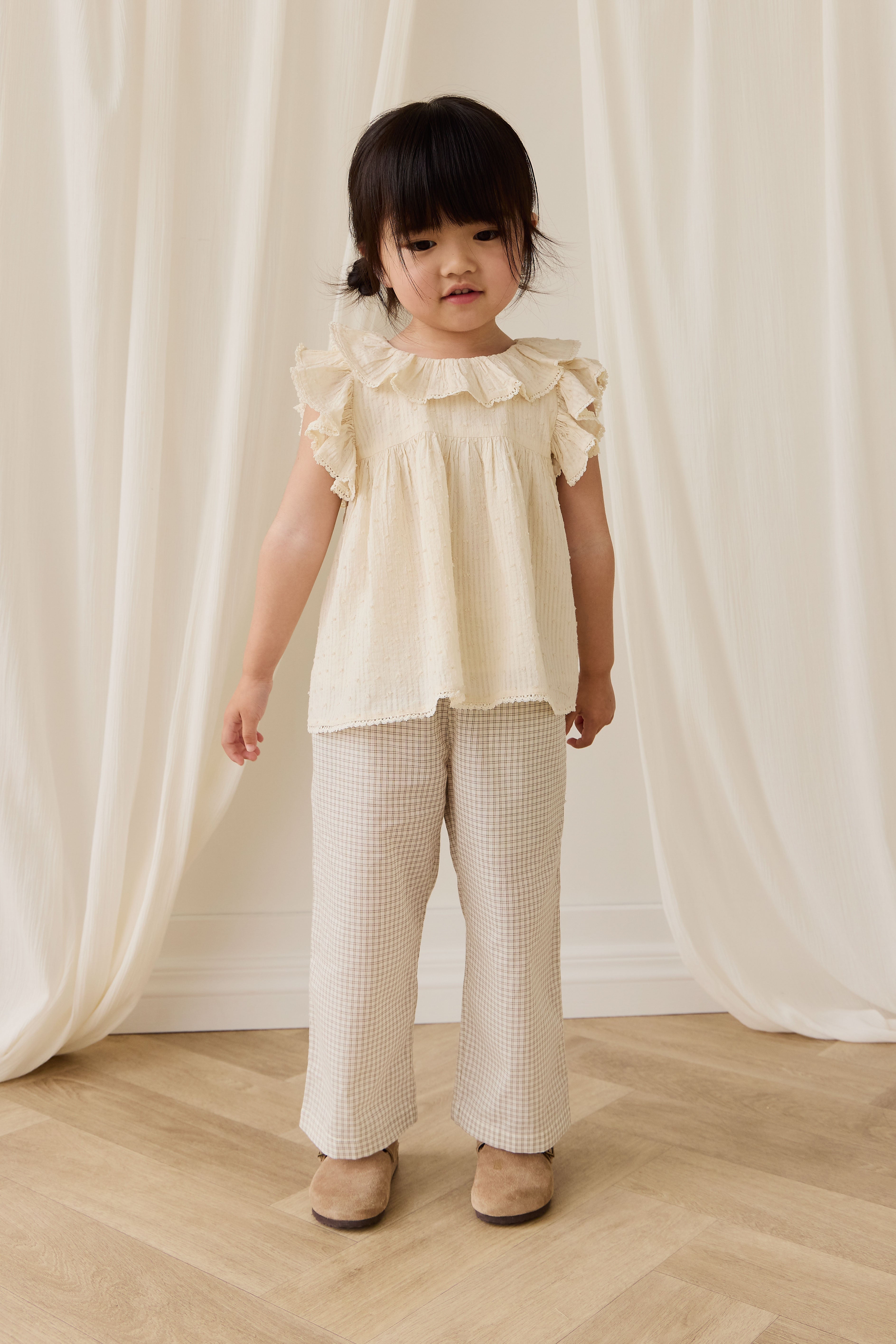 Pantalon à carreaux double fenêtre en pécane décontracté en coton biologique avec lien décoratif à la taille pour enfants de 6 mois à 8 ans