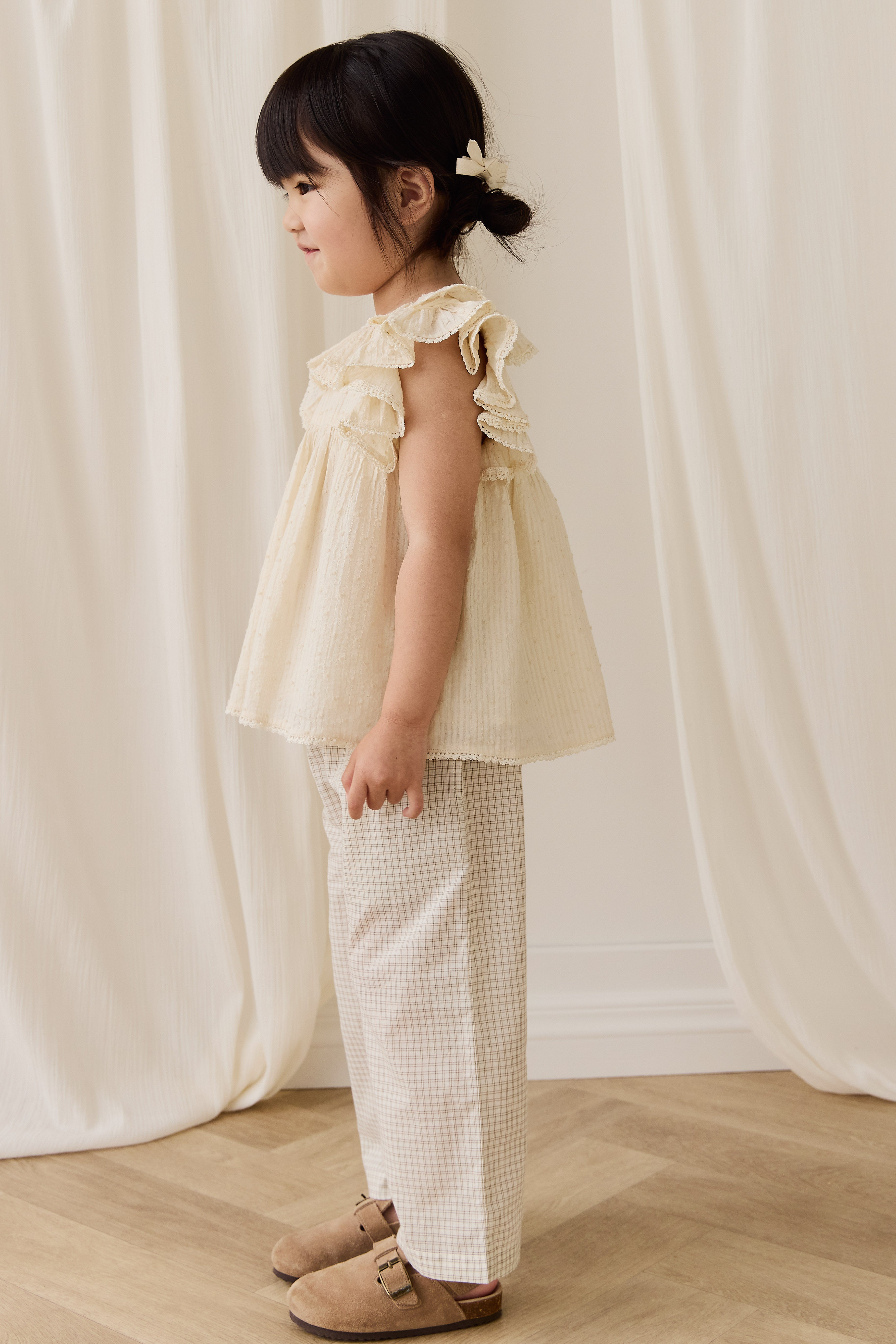 Pantalon à carreaux double fenêtre en pécane décontracté en coton biologique avec lien décoratif à la taille pour enfants de 6 mois à 8 ans