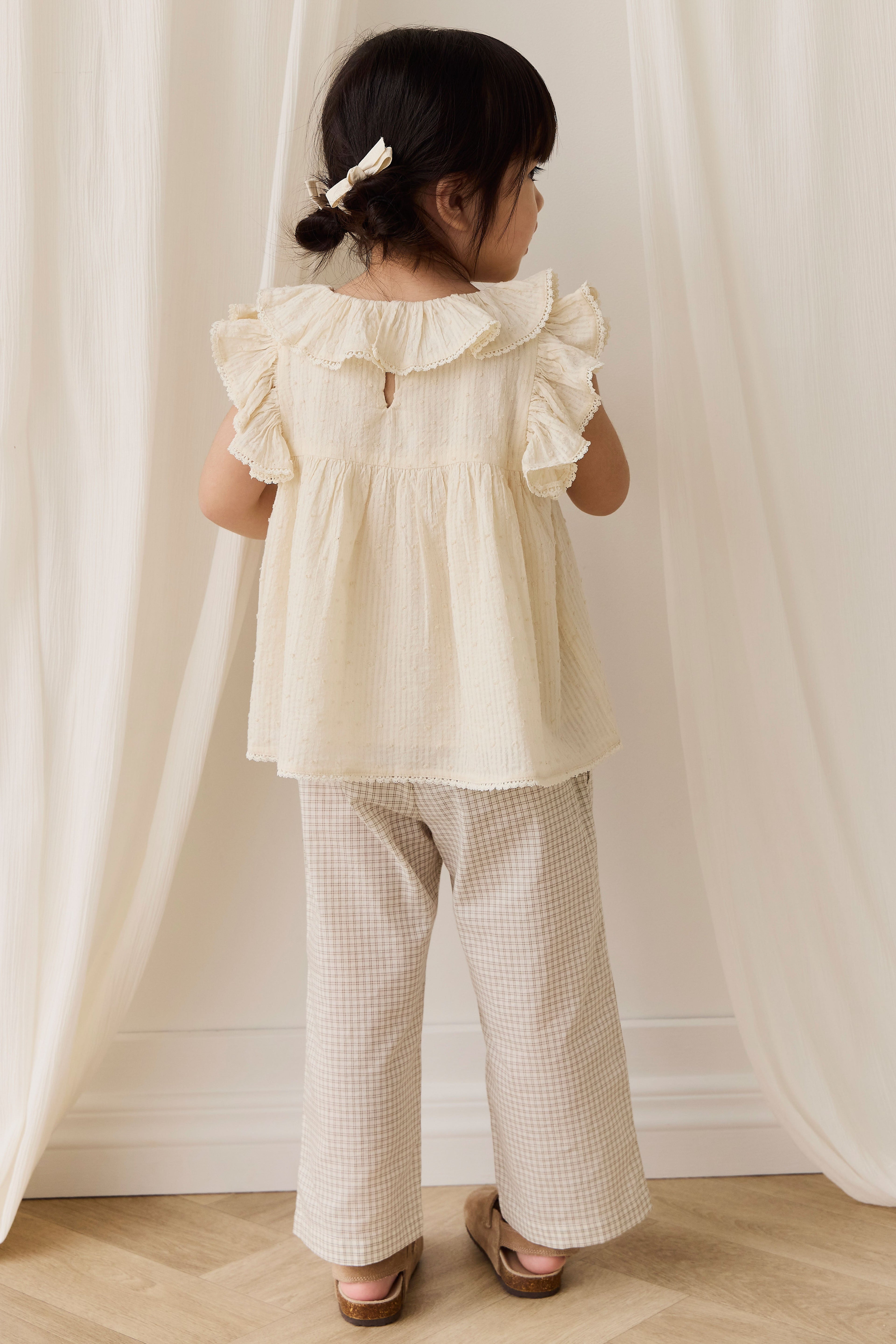 Pantalon à carreaux double fenêtre en pécane décontracté en coton biologique avec lien décoratif à la taille pour enfants de 6 mois à 8 ans