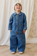 Veste en jean en coton recyclé bleu décontracté à motif intégral avec encolure à volants et poches plaquées pour enfants de 6 mois à 10 ans