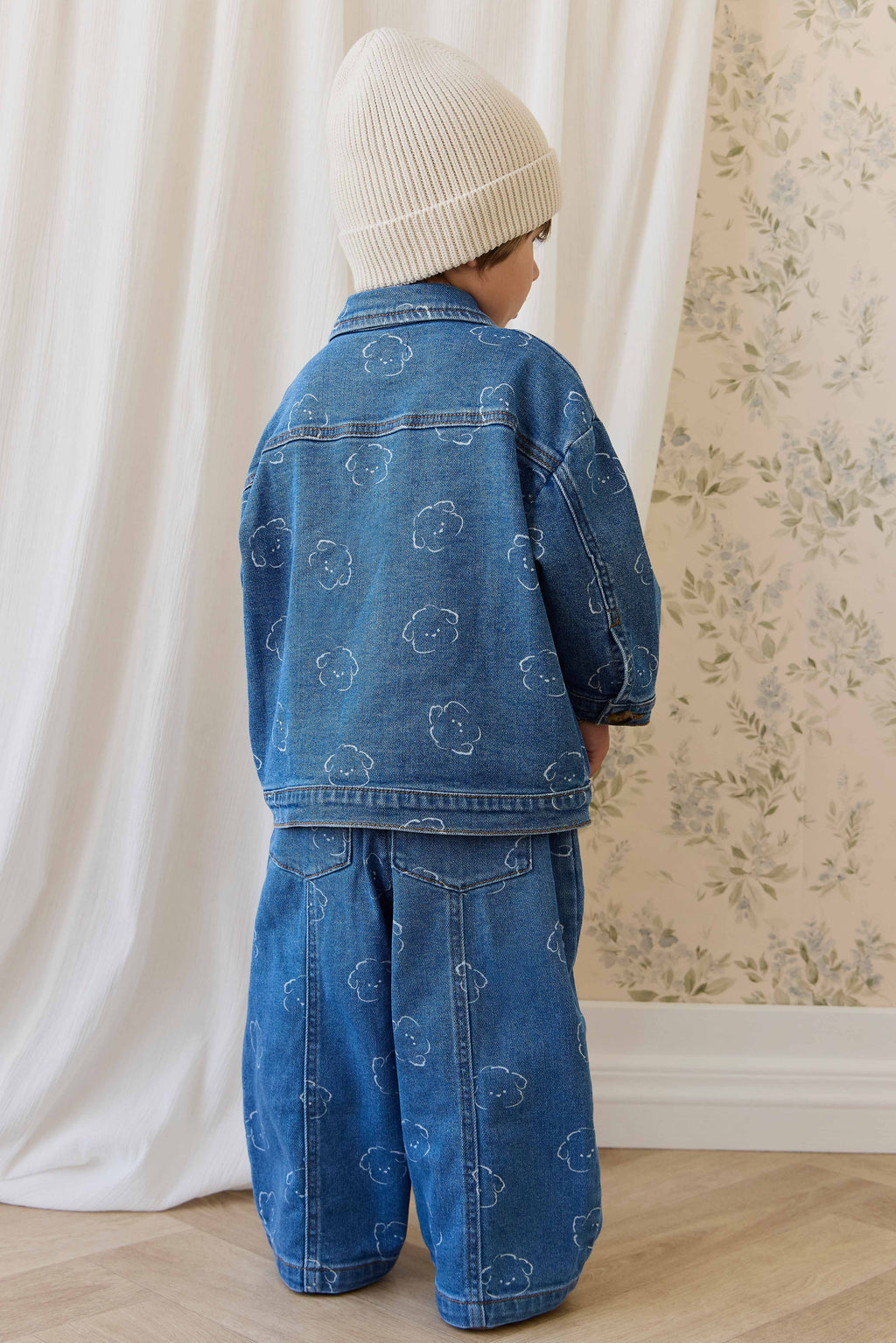 Pantalon en jean décontracté en coton bleu avec motif intégral, taille élastiquée et poches fonctionnelles pour enfants de 6 mois à 8 ans