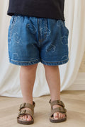 Short décontracté en jean avec visage de chien en coton stretch, taille élastique et poches fonctionnelles pour enfants de 6 mois à 6 ans