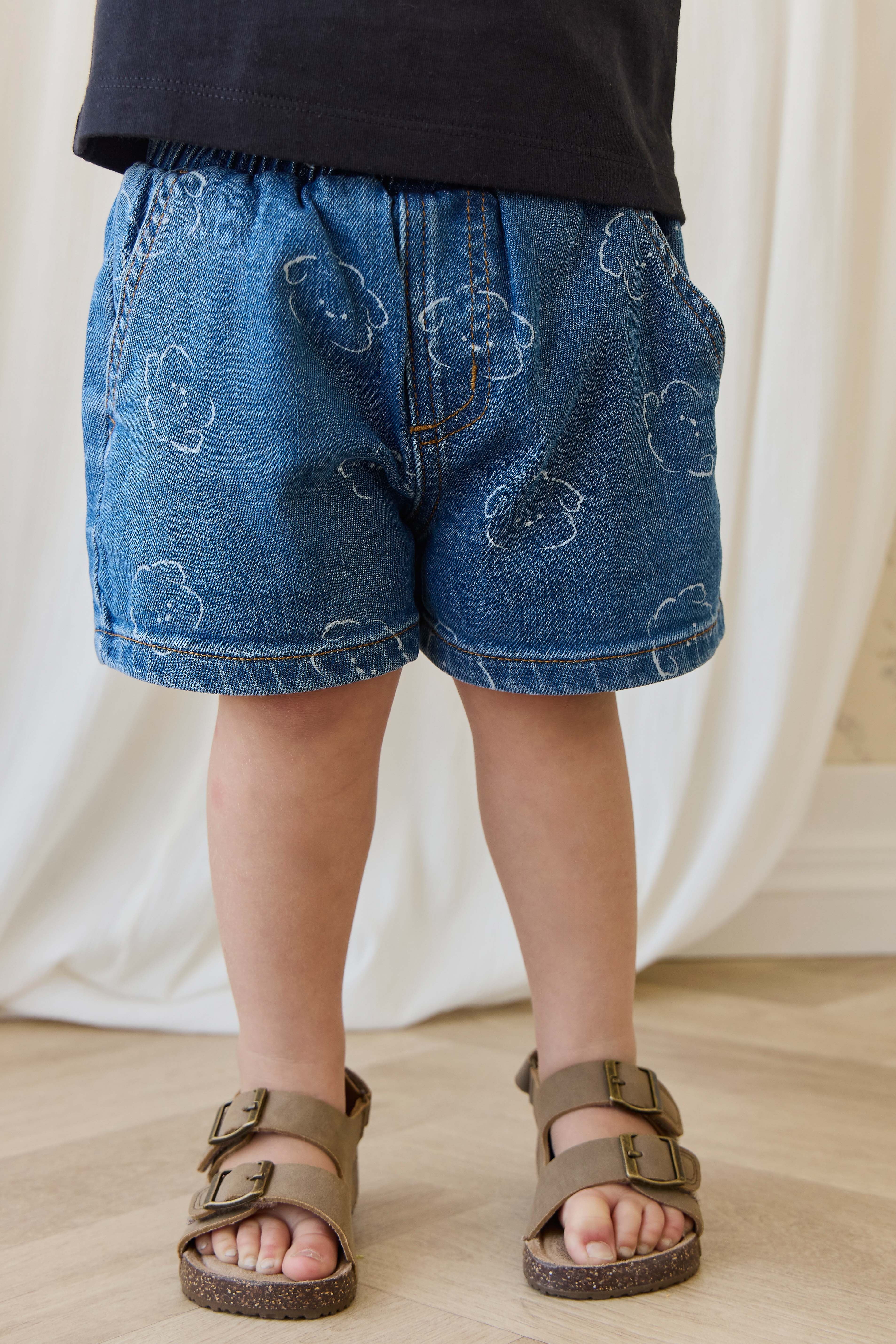 Short décontracté en jean avec visage de chien en coton stretch, taille élastique et poches fonctionnelles pour enfants de 6 mois à 6 ans