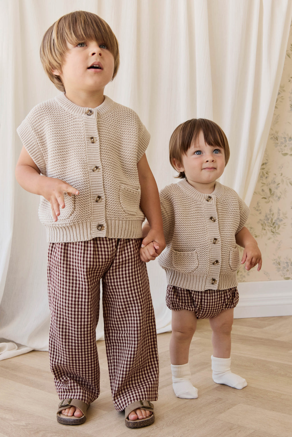 Bloomer classique en vichy cannelle en coton biologique avec taille élastique et nœud pour bébés de 0 à 3 ans