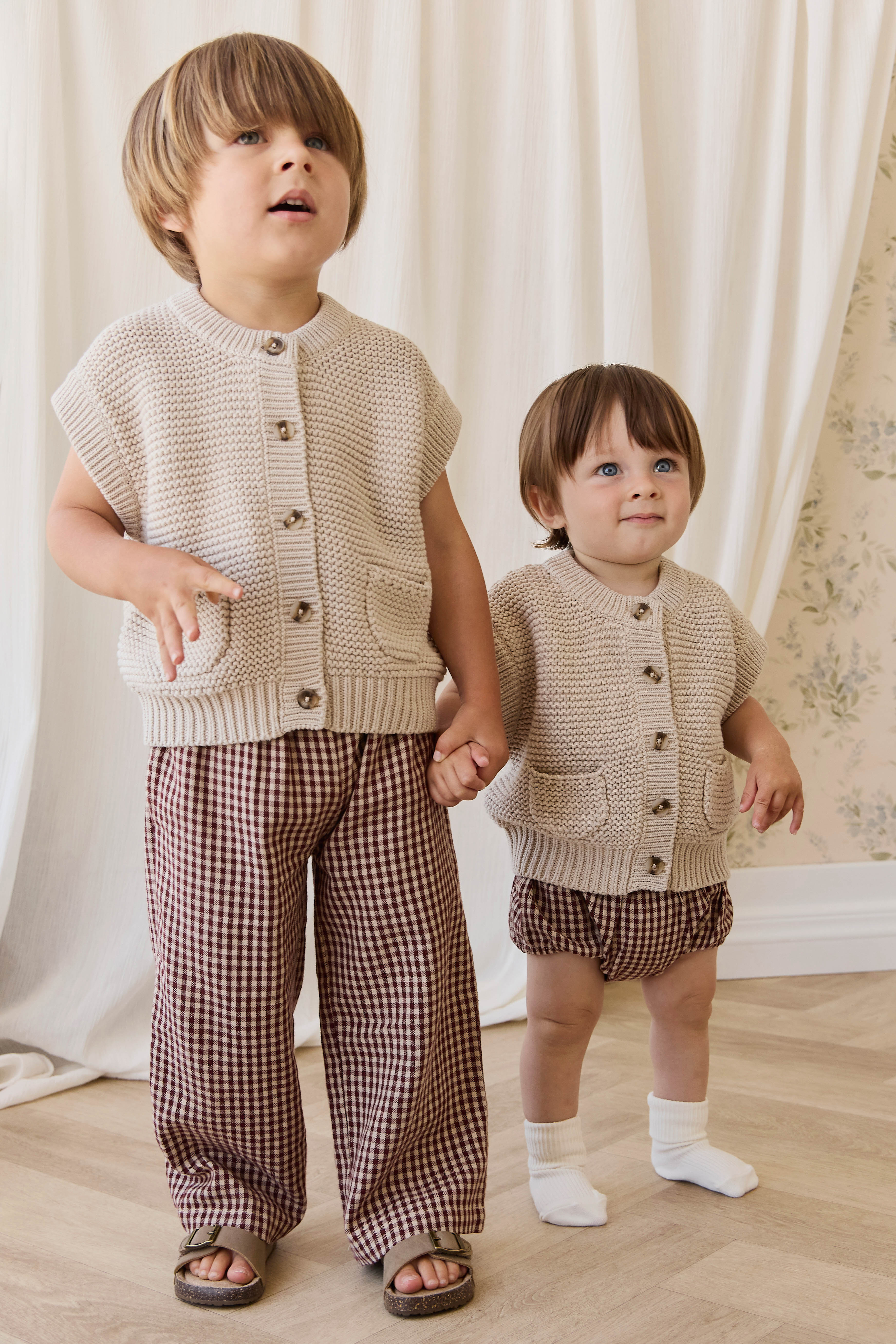 Bloomer classique en vichy cannelle en coton biologique avec taille élastique et nœud pour bébés de 0 à 3 ans
