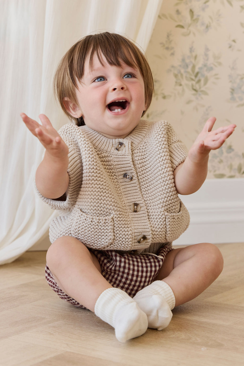 Bloomer classique en vichy cannelle en coton biologique avec taille élastique et nœud pour bébés de 0 à 3 ans