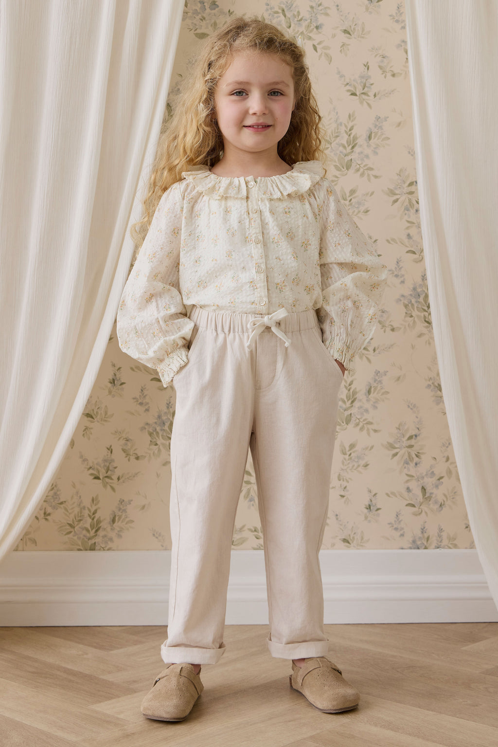 Pantalon droit décontracté en lin de coton naturel uni avec taille élastique pour enfants de 6 mois à 10 ans