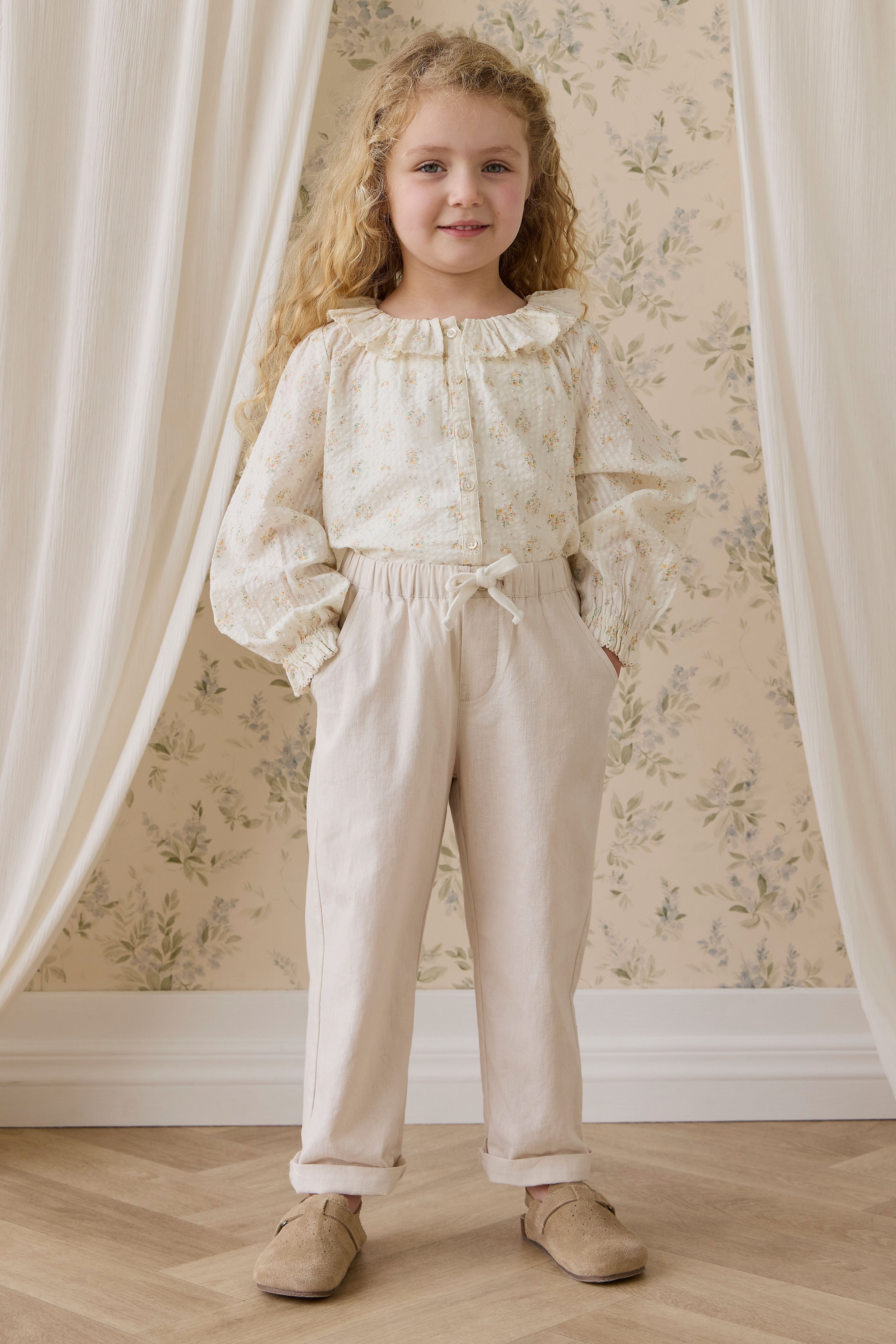 Pantalon droit décontracté en lin de coton naturel uni avec taille élastique pour enfants de 6 mois à 10 ans