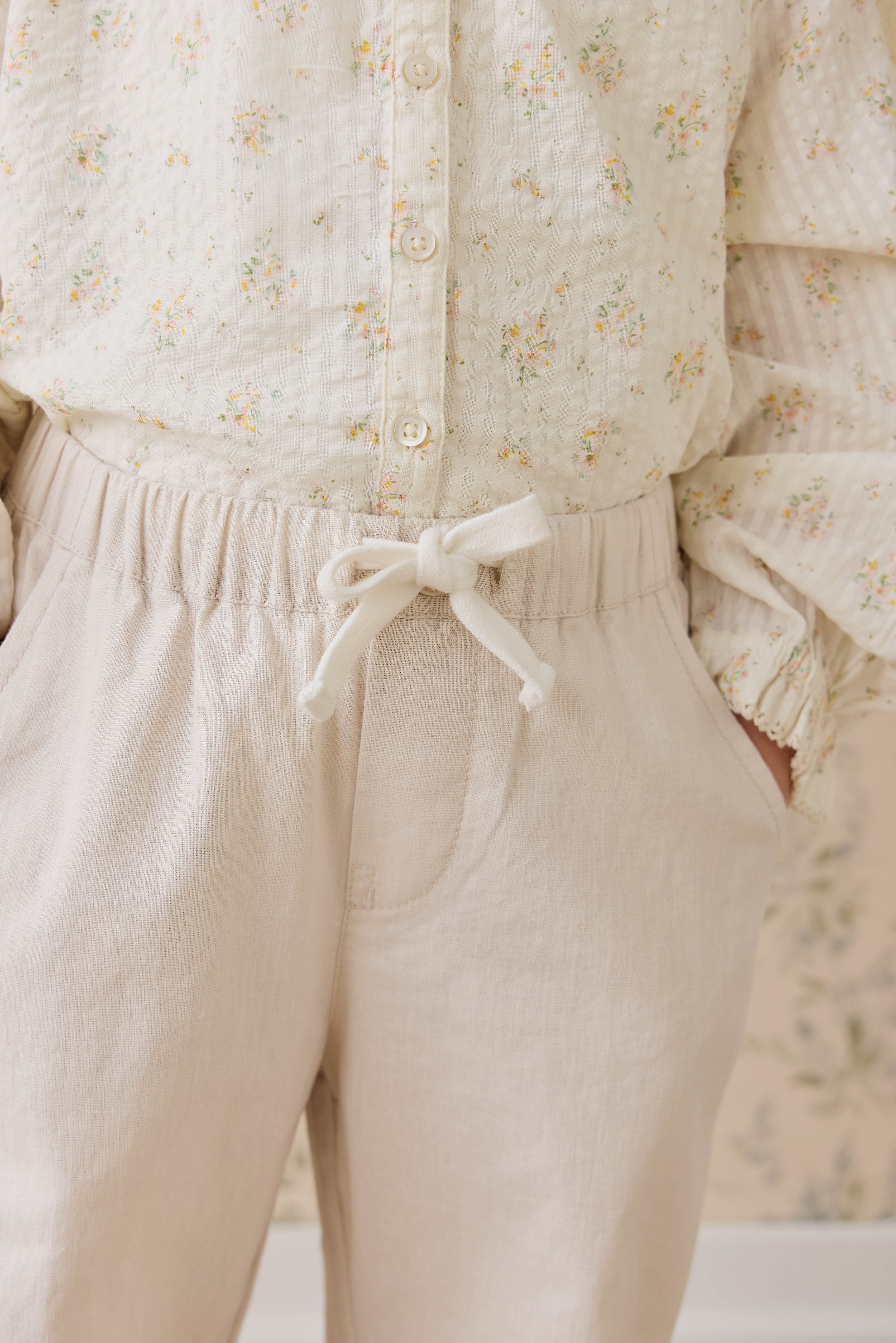 Pantalon droit décontracté en lin de coton naturel uni avec taille élastique pour enfants de 6 mois à 10 ans