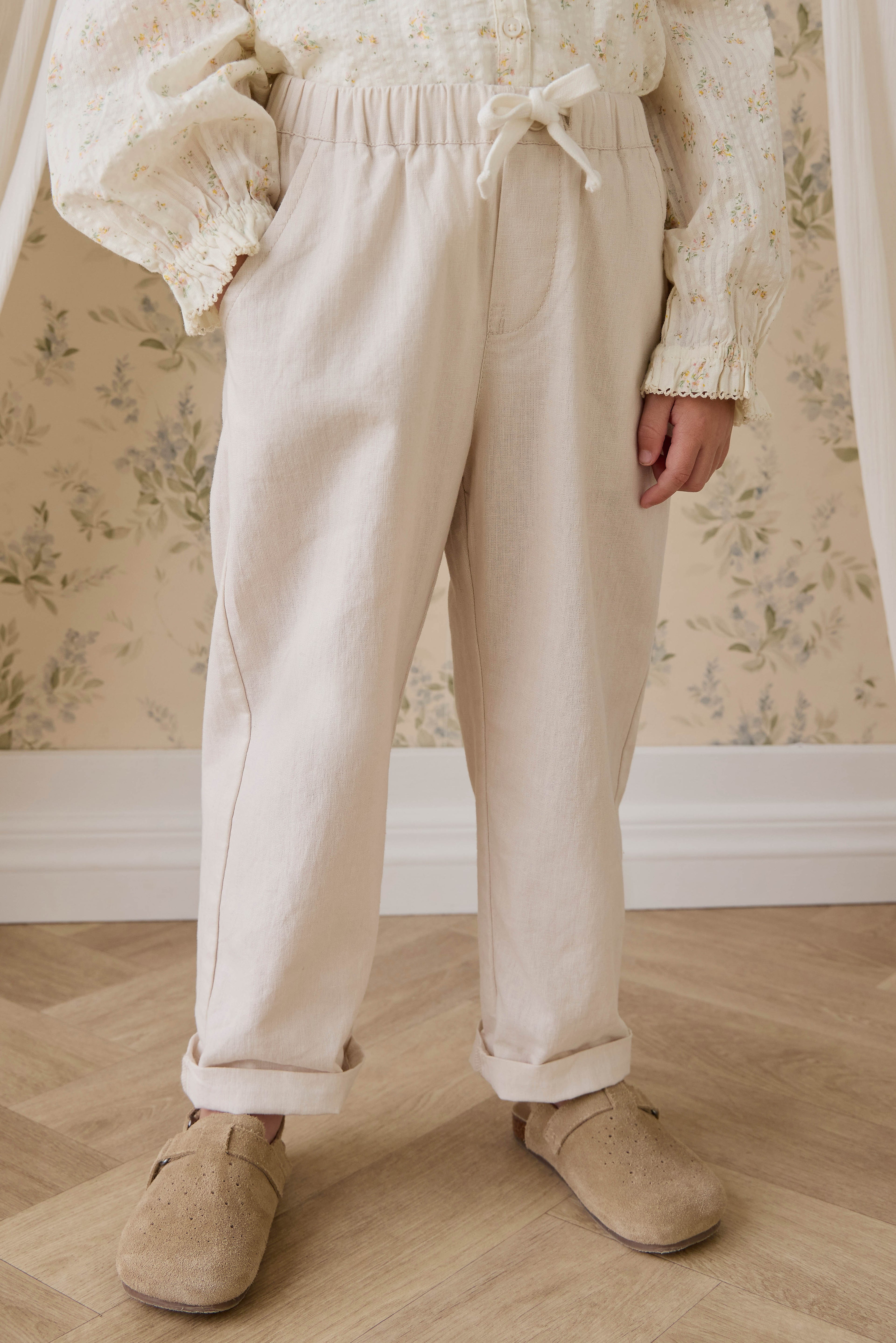 Pantalon droit décontracté en lin de coton naturel uni avec taille élastique pour enfants de 6 mois à 10 ans