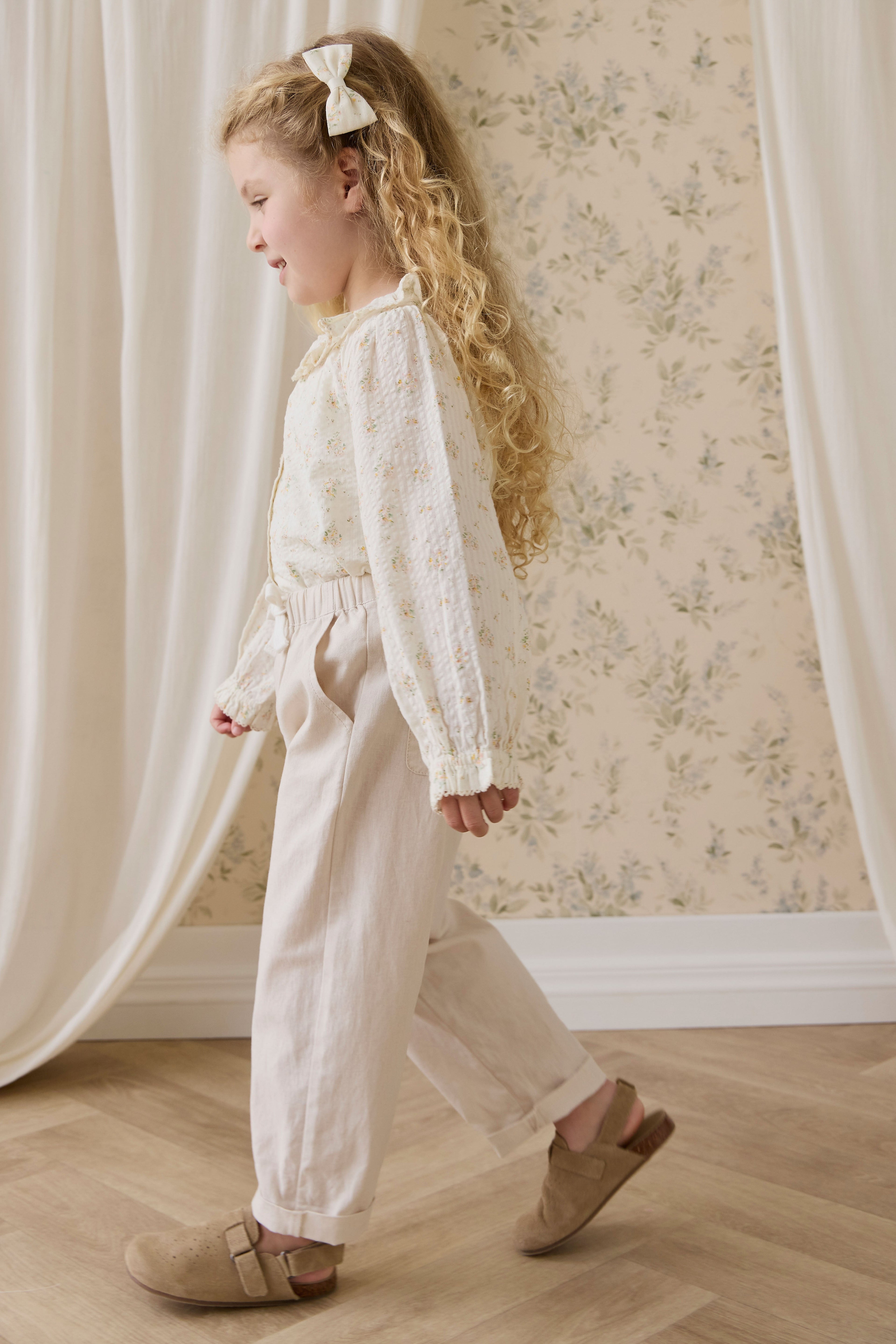 Pantalon droit décontracté en lin de coton naturel uni avec taille élastique pour enfants de 6 mois à 10 ans