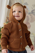 Gilet Doux et Chaud Marron Uni en Coton Tricoté avec Capuche, Détail Oreilles et Boutons pour Enfants 0-6 Ans