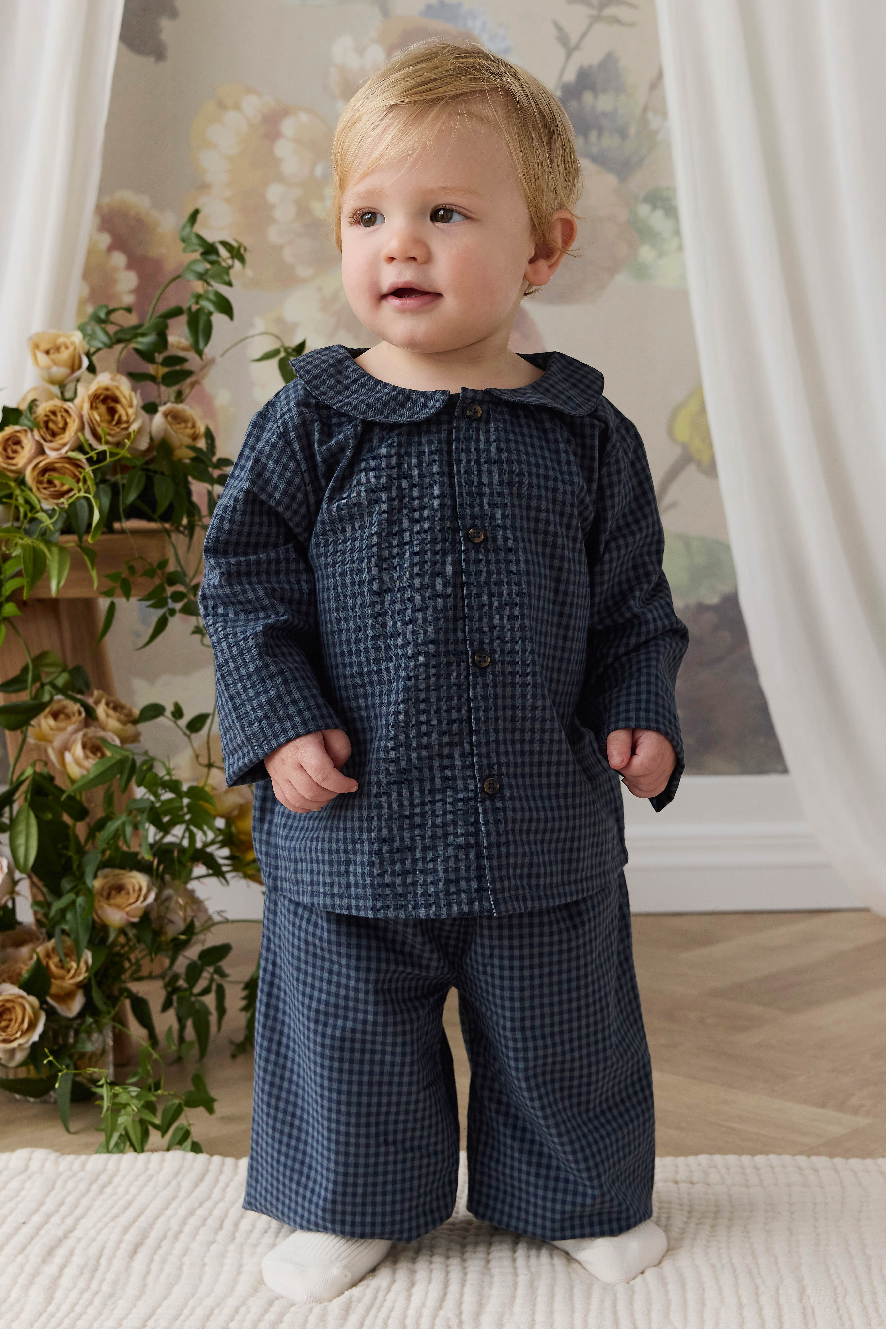 Pantalon Ample Enfant à Jambes Larges en Coton Bio avec Motif Mini-Vichy Bleu Marine, Taille Élastique et Cordon de Serrage, 6M-8A