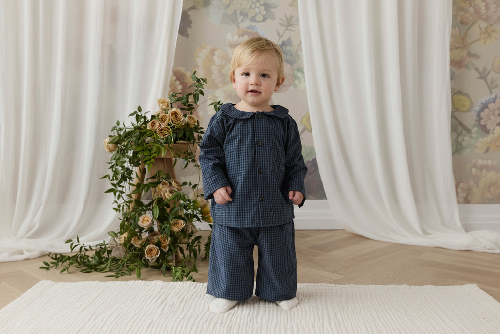 Pantalon Ample Enfant à Jambes Larges en Coton Bio avec Motif Mini-Vichy Bleu Marine, Taille Élastique et Cordon de Serrage, 6M-8A