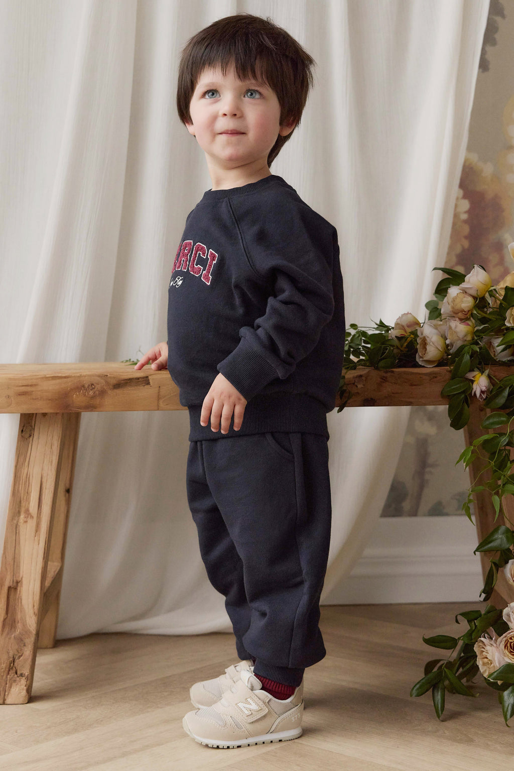 Pantalon de survêtement en coton biologique uni bleu marine décontracté avec taille élastique et cordon de serrage pour enfants de 6 mois à 8 ans