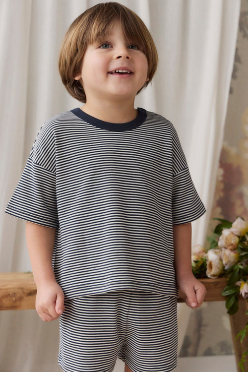Short décontracté en coton Pima rayé nuage et marine avec taille élastiquée pour bébés et enfants de 0 à 8 ans