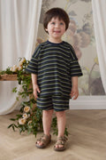 Short en coton biologique gaufré à rayures maritimes bleu marine décontracté avec taille élastique et cordon de serrage pour enfants de 6 mois à 8 ans