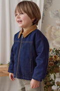 Veste classique en jean de coton indigo uni avec col en velours côtelé et fermeture éclair pour enfants de 6 mois à 8 ans