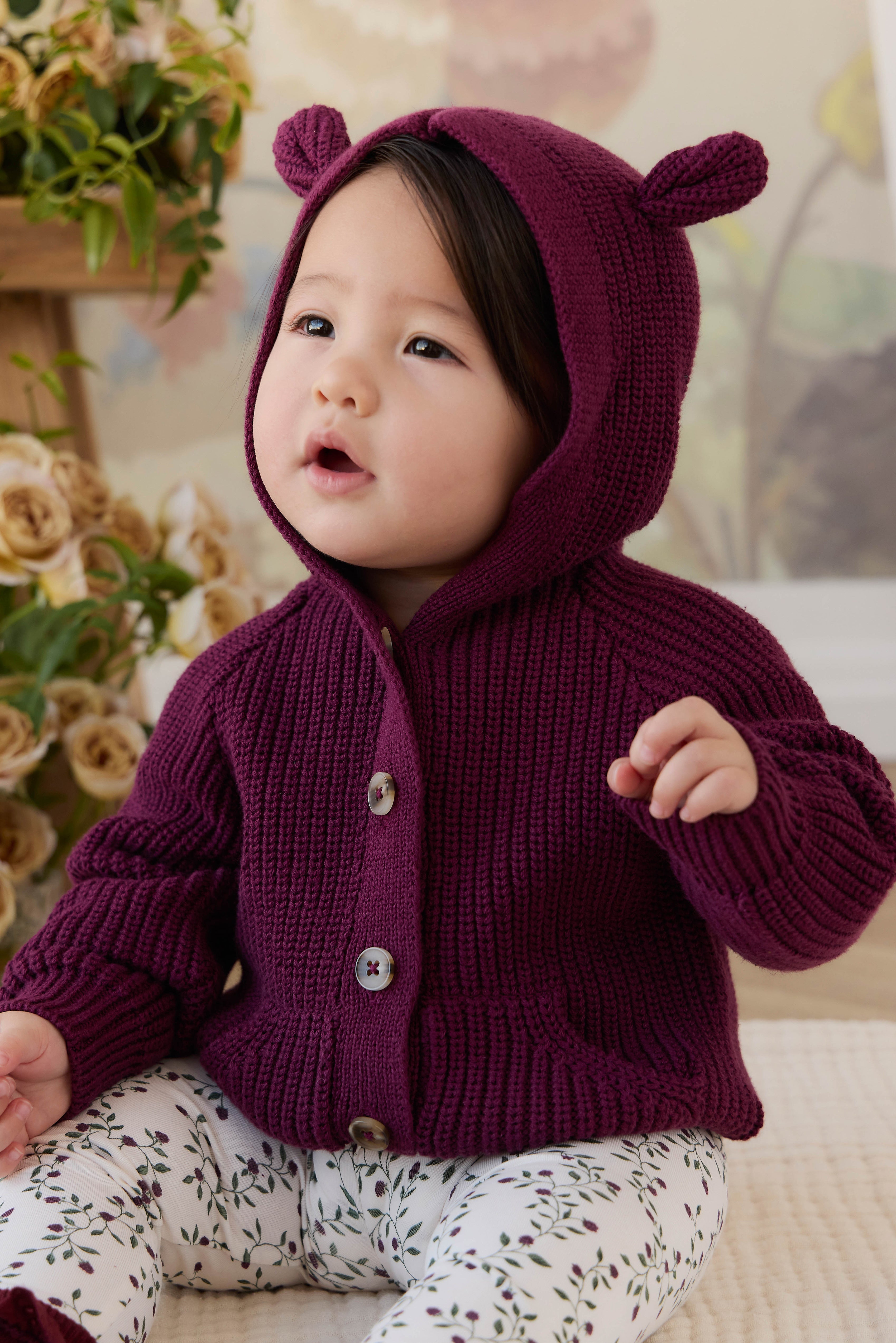 Cardigan douillet en maille de coton uni mûre foncée avec capuche, détails oreilles et boutonnage sur le devant, pour enfants de 0 à 6 ans