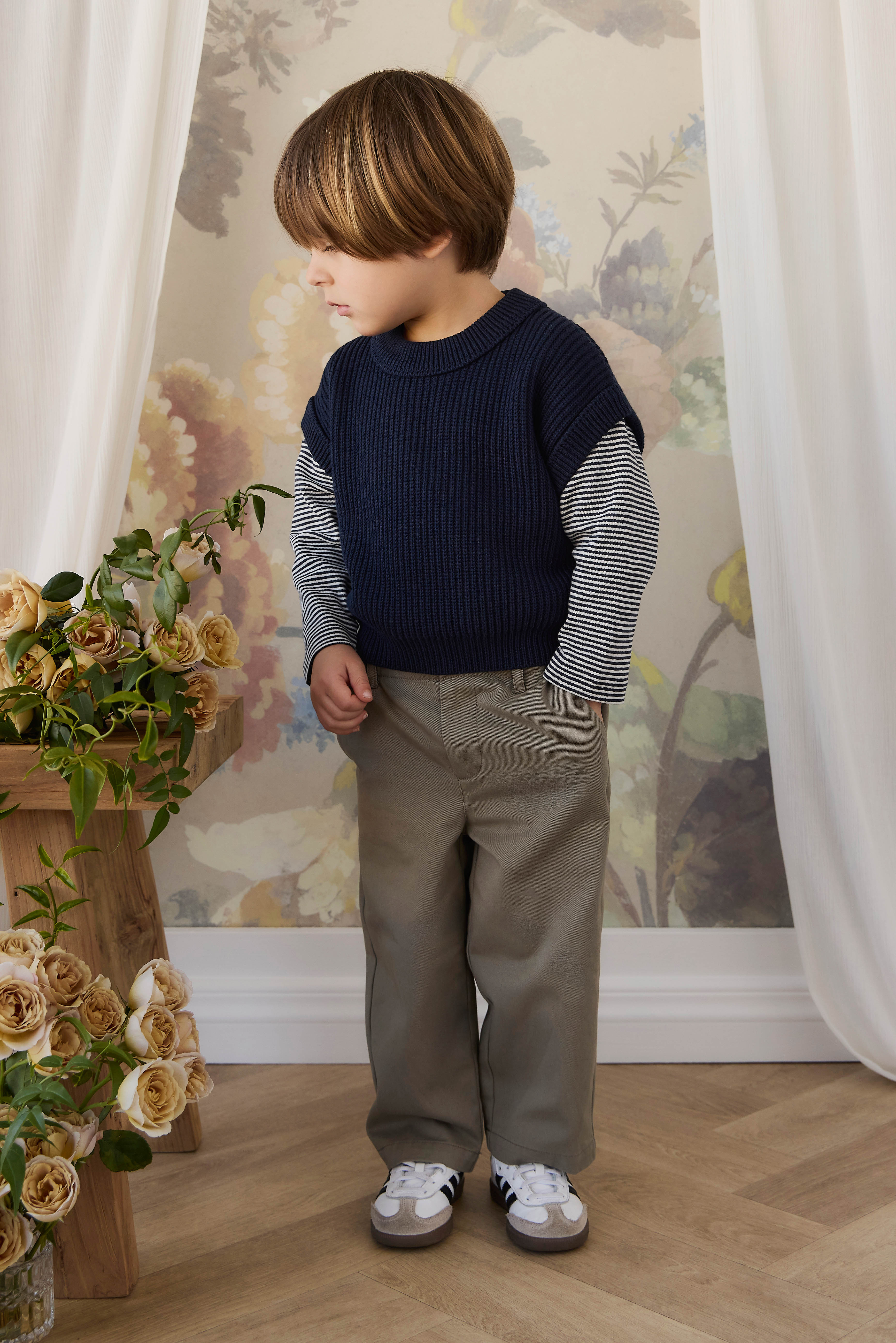 Gilet en Coton Tricoté Côtelé Bleu Marine Classique avec Manches Courtes et Coupe Courte pour Enfants de 6 Mois à 8 Ans