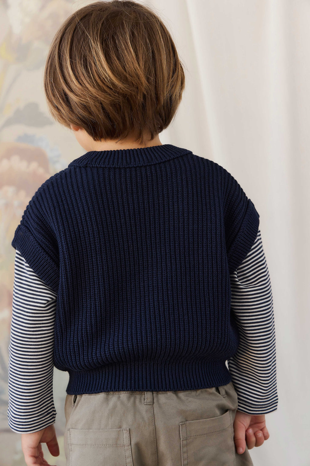 Gilet en Coton Tricoté Côtelé Bleu Marine Classique avec Manches Courtes et Coupe Courte pour Enfants de 6 Mois à 8 Ans