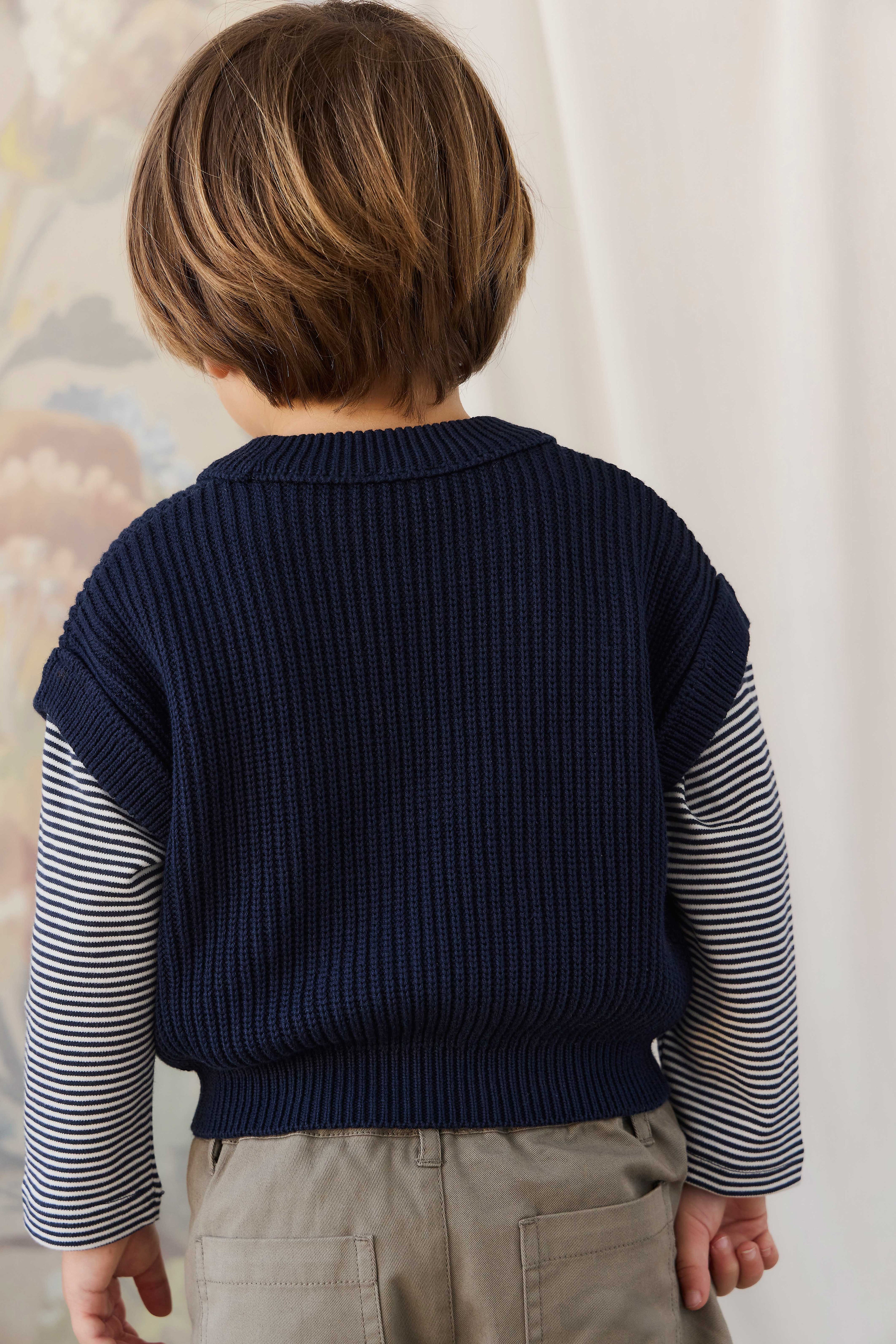 Gilet en Coton Tricoté Côtelé Bleu Marine Classique avec Manches Courtes et Coupe Courte pour Enfants de 6 Mois à 8 Ans
