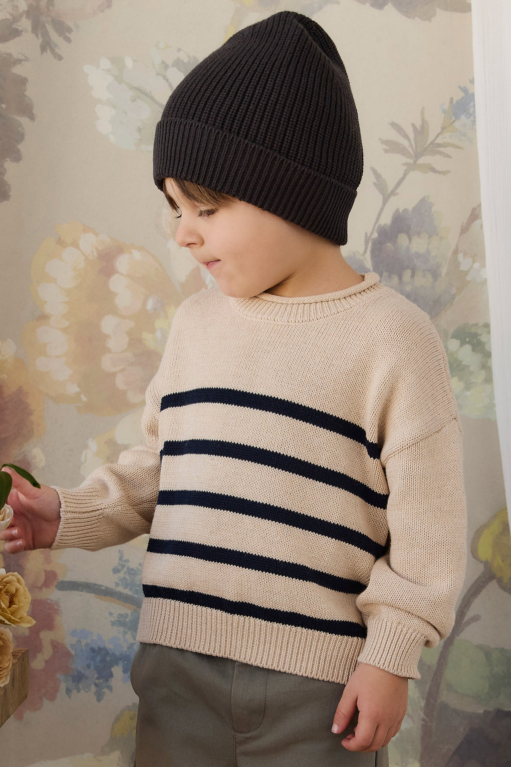 Pull en coton tricoté à rayures avoine et marine décontracté avec col rond et poignets côtelés pour enfants de 6 mois à 8 ans