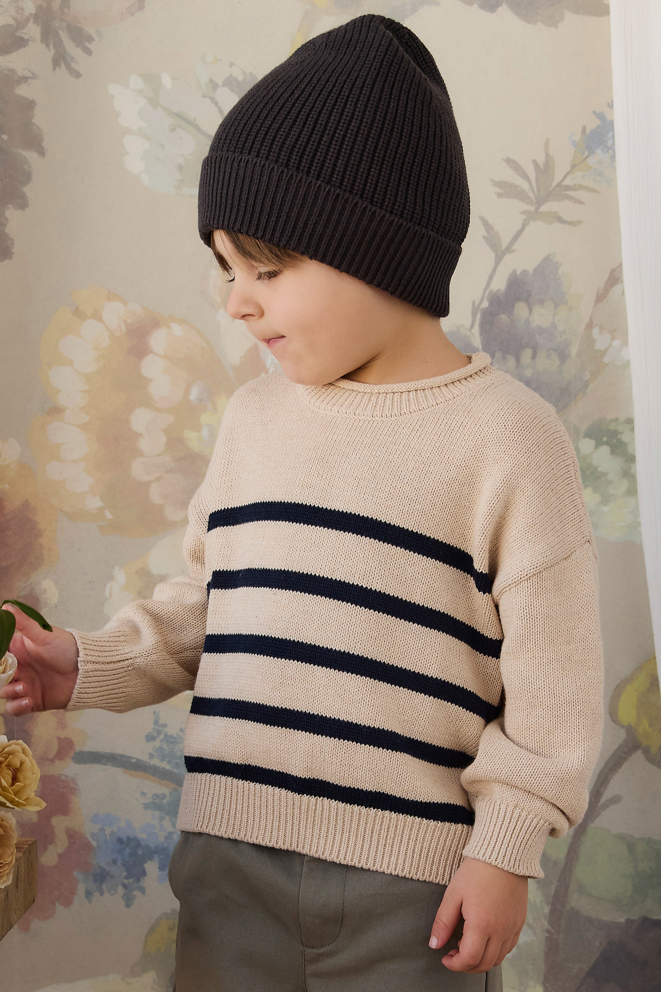 Pull en coton tricoté à rayures avoine et marine décontracté avec col rond et poignets côtelés pour enfants de 6 mois à 8 ans