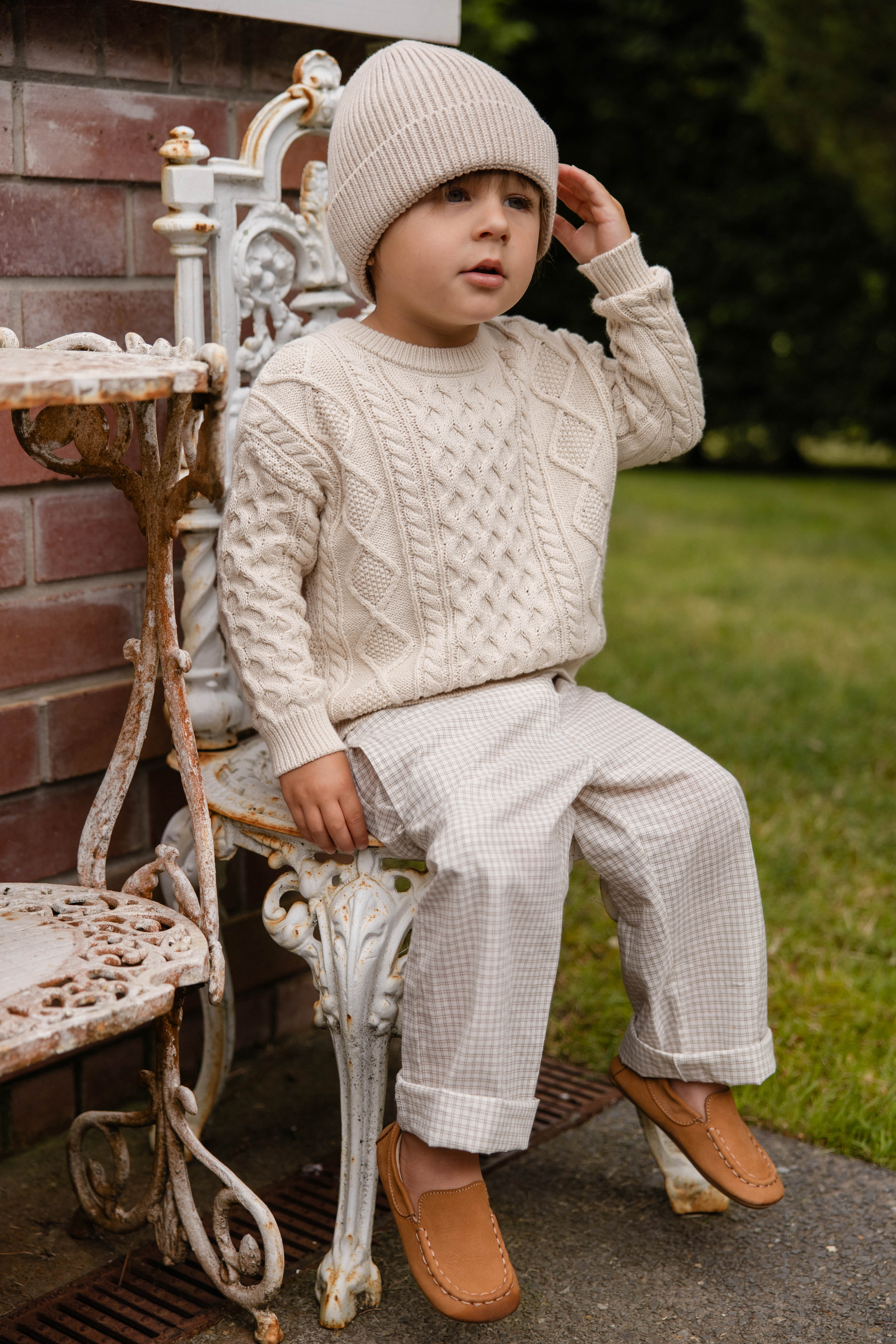 Pantalon à carreaux double fenêtre en pécane décontracté en coton biologique avec lien décoratif à la taille pour enfants de 6 mois à 8 ans