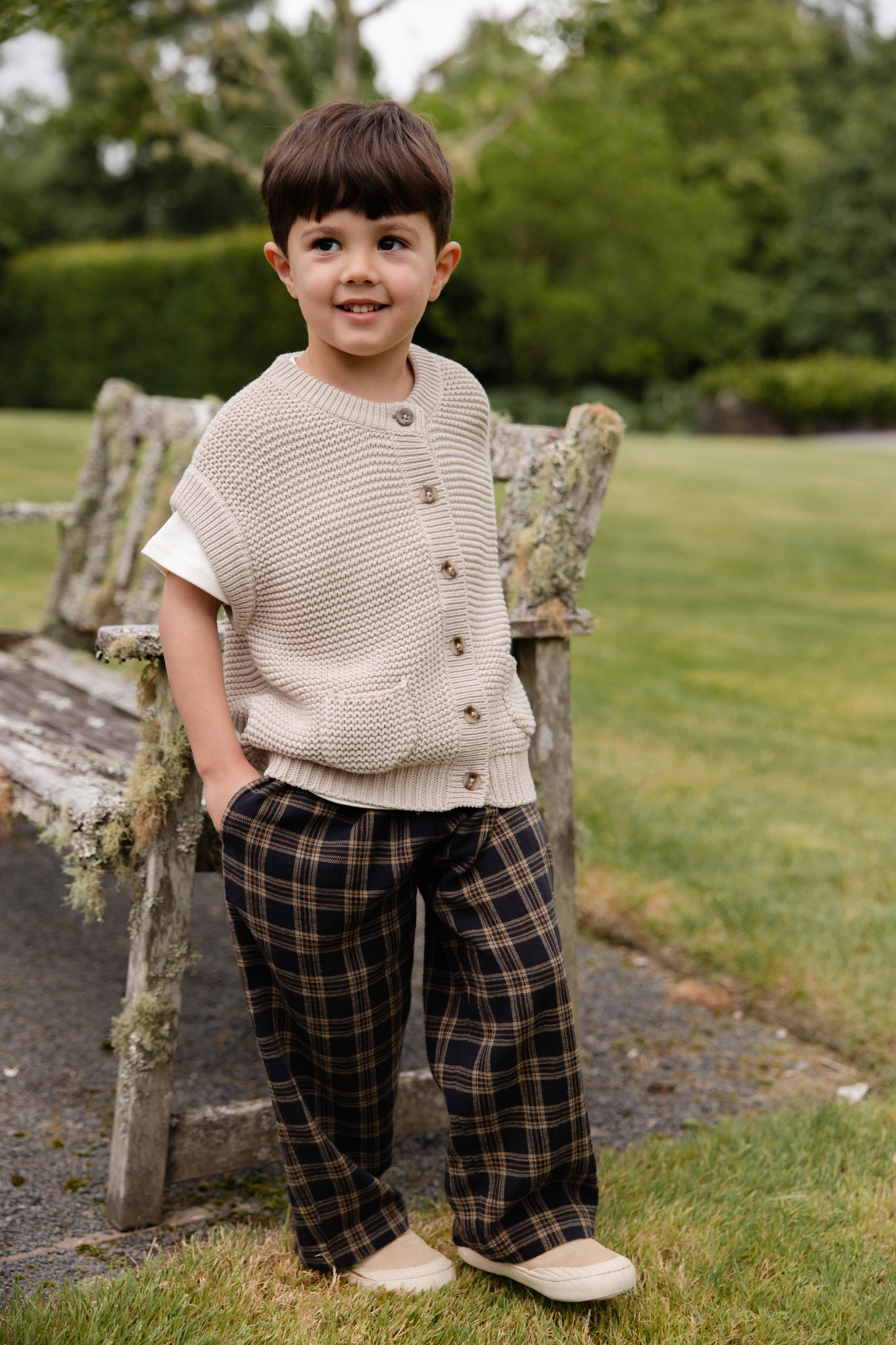 Pantalon en coton biologique à carreaux "Woodland" décontracté et naturel avec nœud décoratif à la taille pour enfants de 6 mois à 8 ans