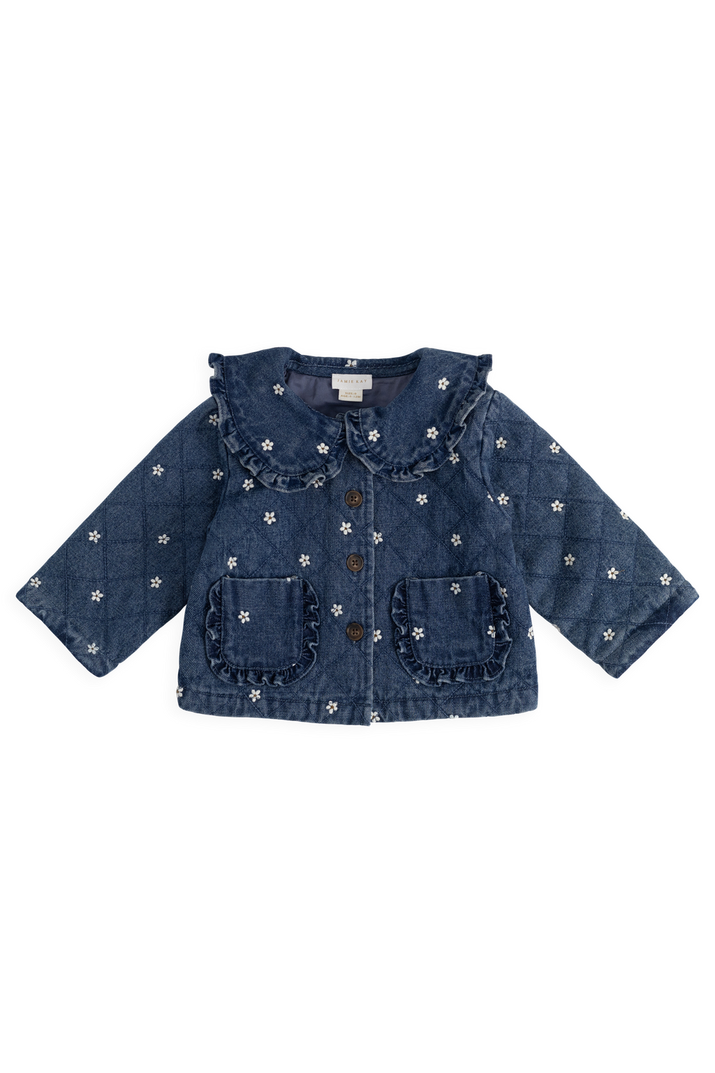 Blouson en coton légèrement rembourré à fleurs bleues romantiques avec col volanté et boutonnage sur le devant pour enfants de 6 mois à 10 ans