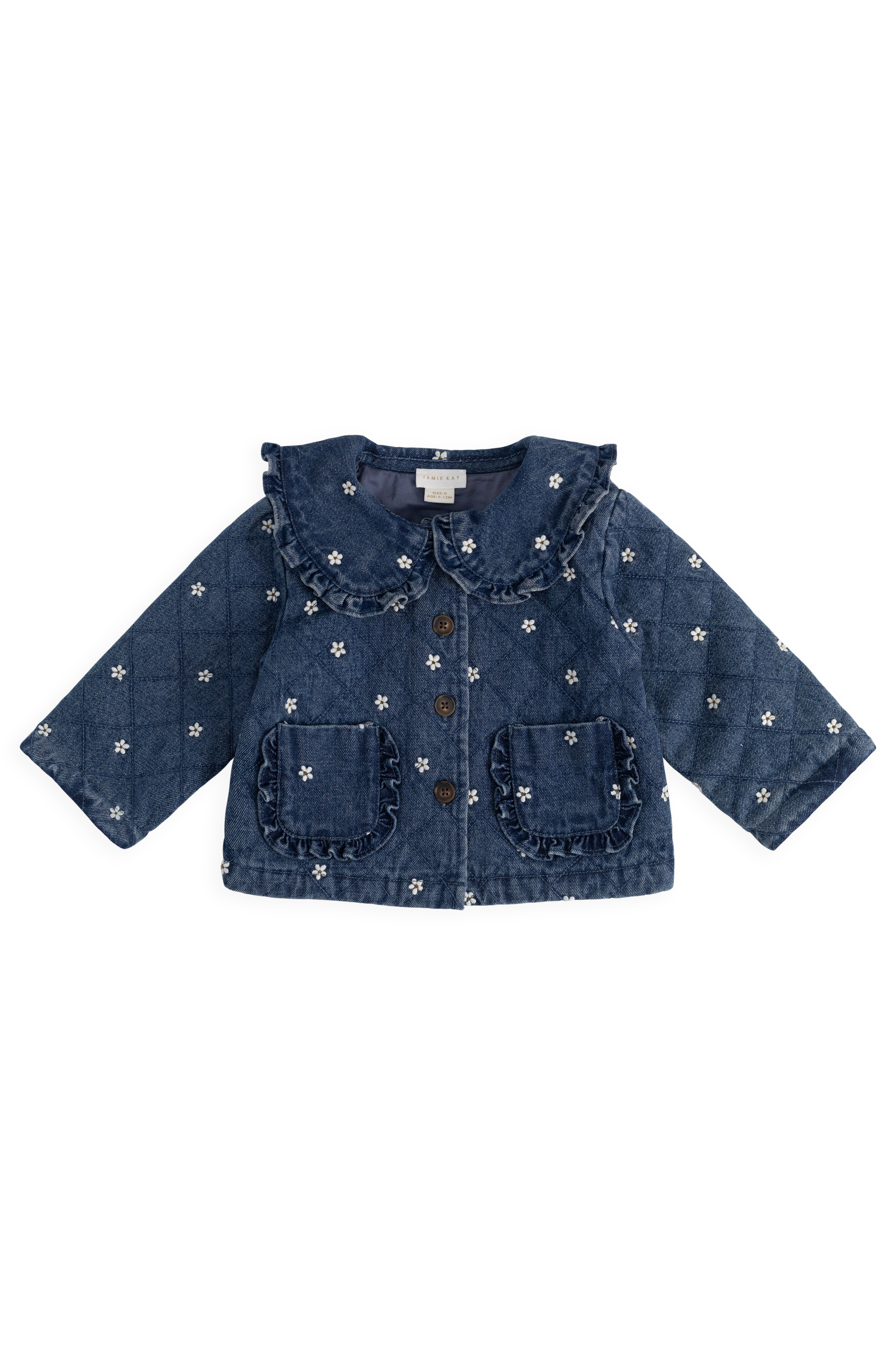 Blouson en coton légèrement rembourré à fleurs bleues romantiques avec col volanté et boutonnage sur le devant pour enfants de 6 mois à 10 ans