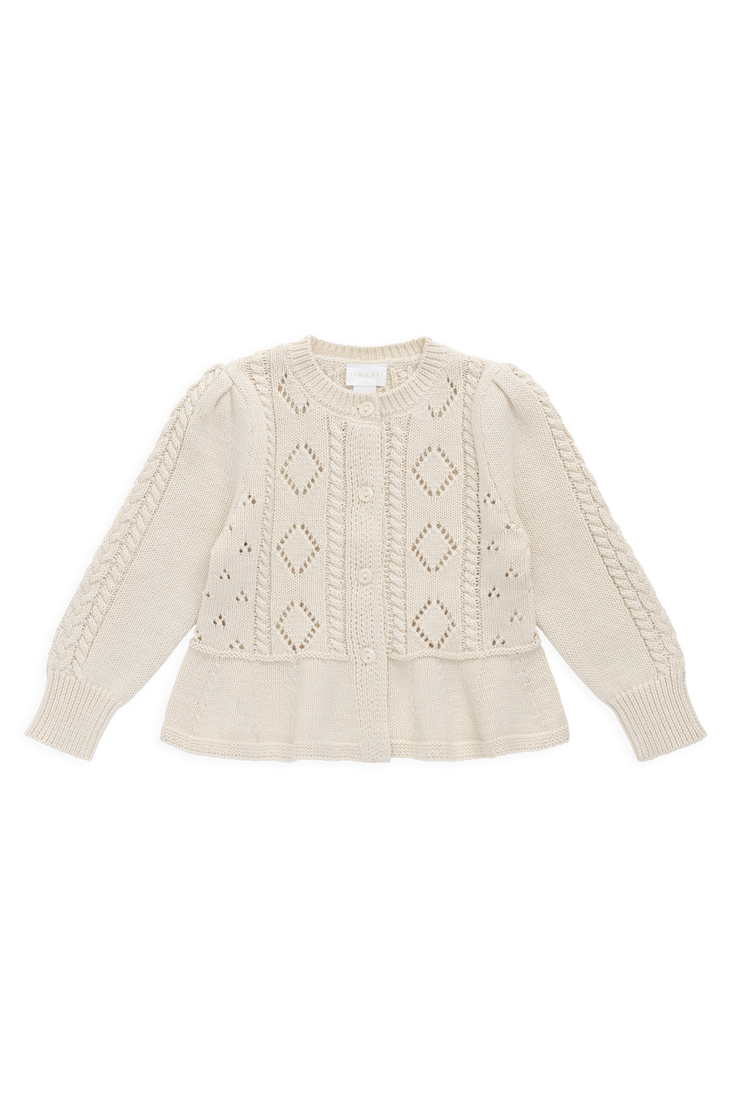 Cardigan en maille de coton évasé couleur vanille avec boutons sur le devant et ourlet évasé pour enfants de 6 mois à 10 ans
