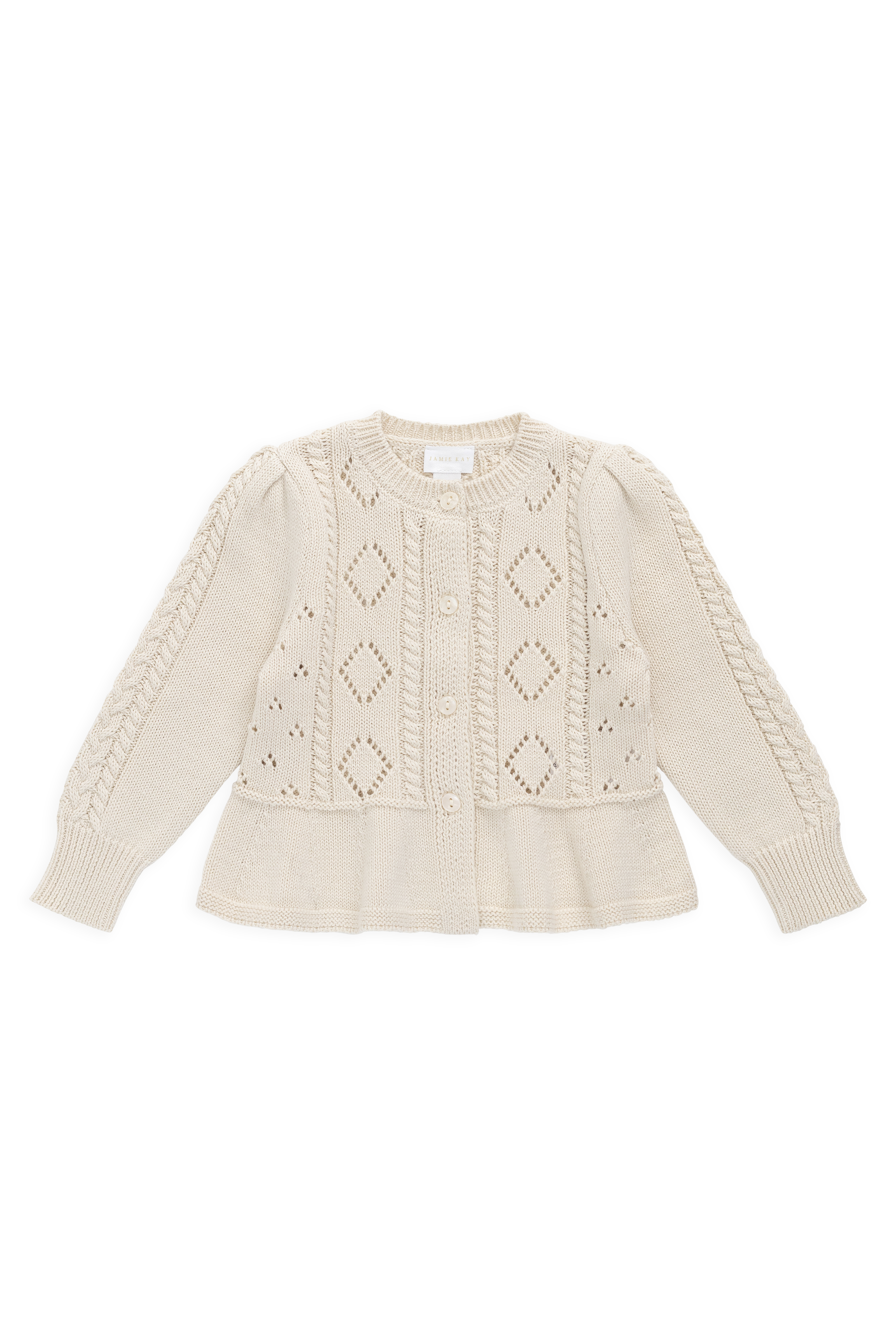 Cardigan en maille de coton évasé couleur vanille avec boutons sur le devant et ourlet évasé pour enfants de 6 mois à 10 ans