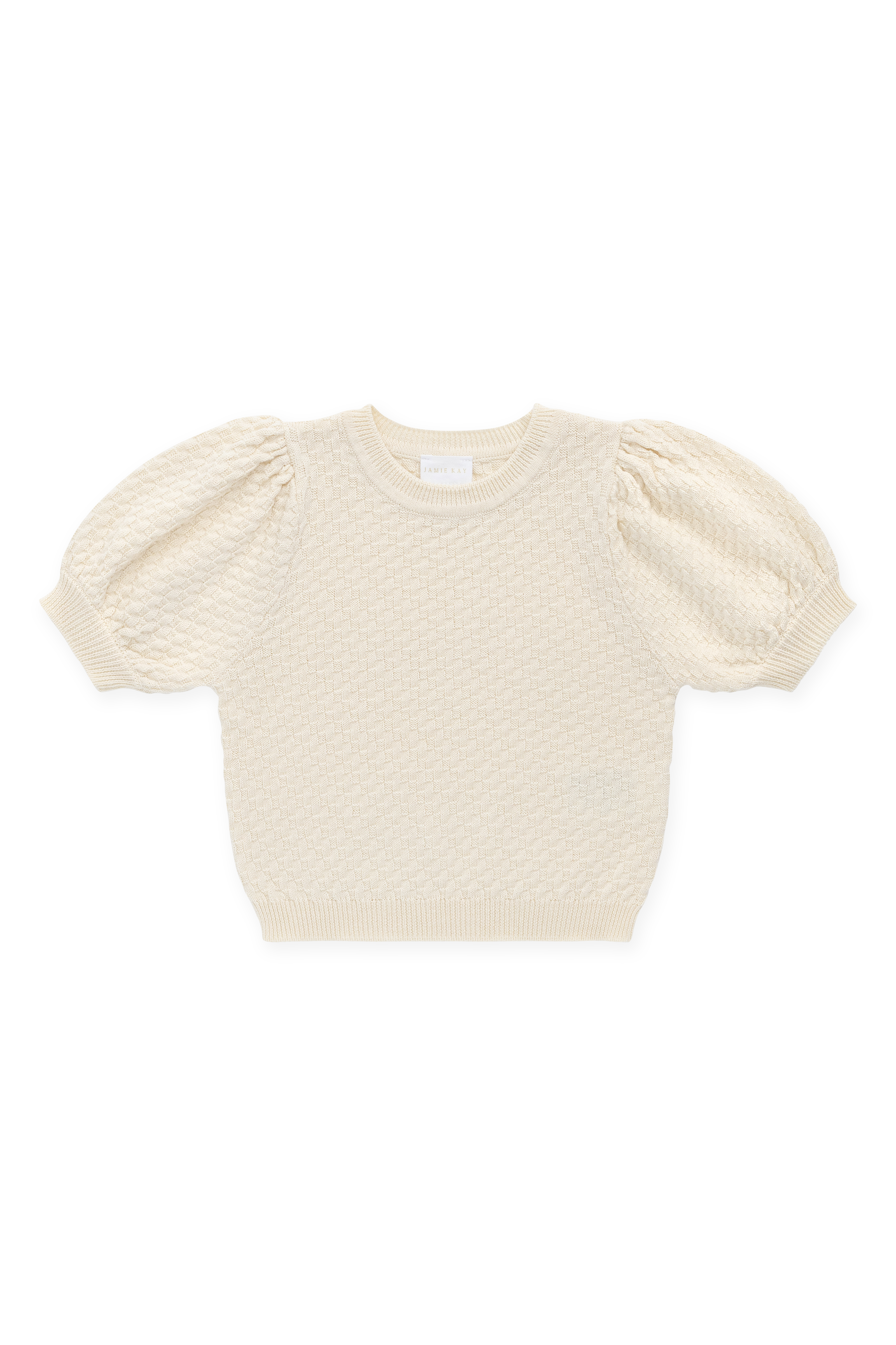 Haut smocké romantique en coton uni Cornsilk avec manches bouffantes et tricot texturé pour enfants de 6 mois à 10 ans