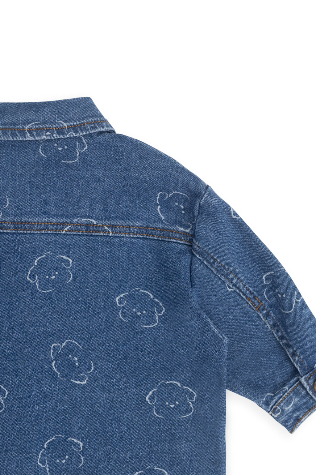 Veste en jean en coton recyclé bleu décontracté à motif intégral avec encolure à volants et poches plaquées pour enfants de 6 mois à 10 ans