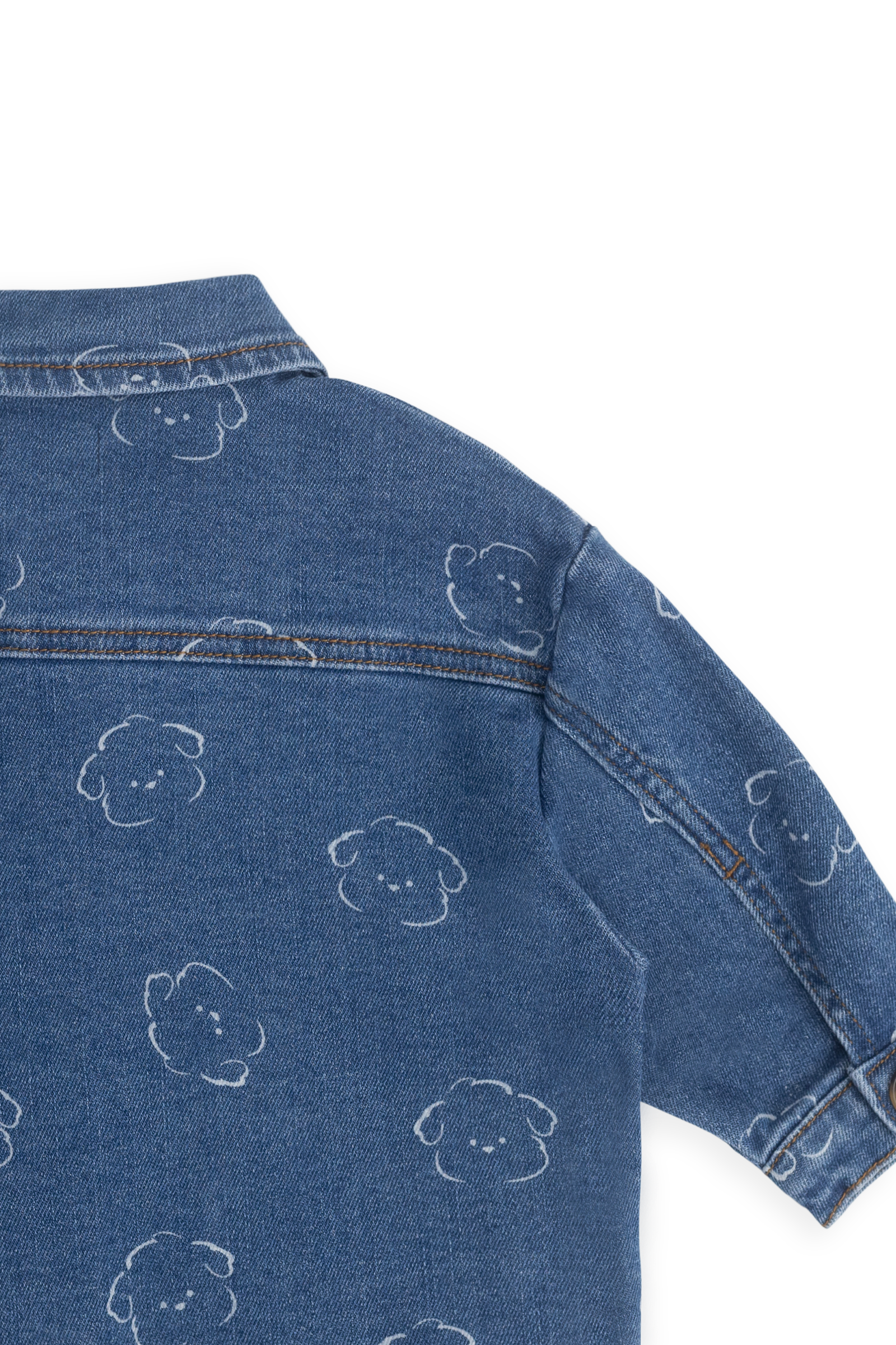 Veste en jean en coton recyclé bleu décontracté à motif intégral avec encolure à volants et poches plaquées pour enfants de 6 mois à 10 ans
