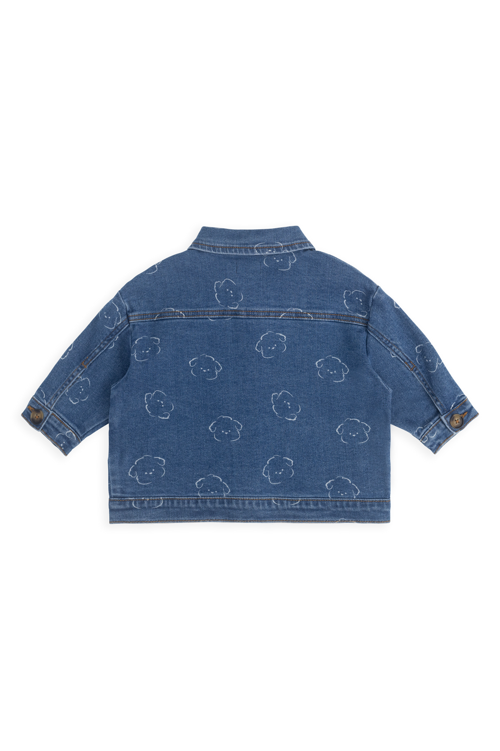 Veste en jean en coton recyclé bleu décontracté à motif intégral avec encolure à volants et poches plaquées pour enfants de 6 mois à 10 ans