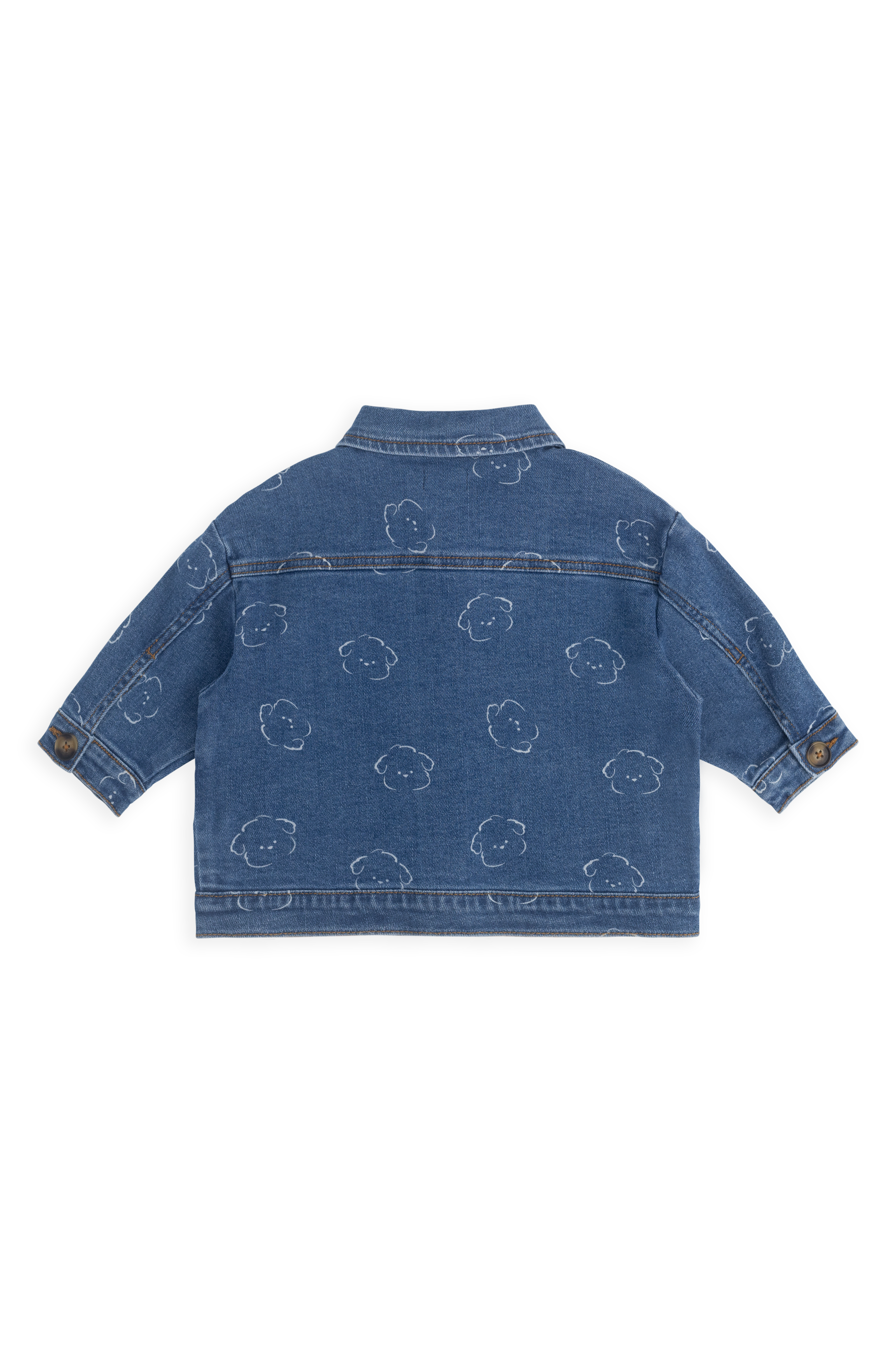Veste en jean en coton recyclé bleu décontracté à motif intégral avec encolure à volants et poches plaquées pour enfants de 6 mois à 10 ans