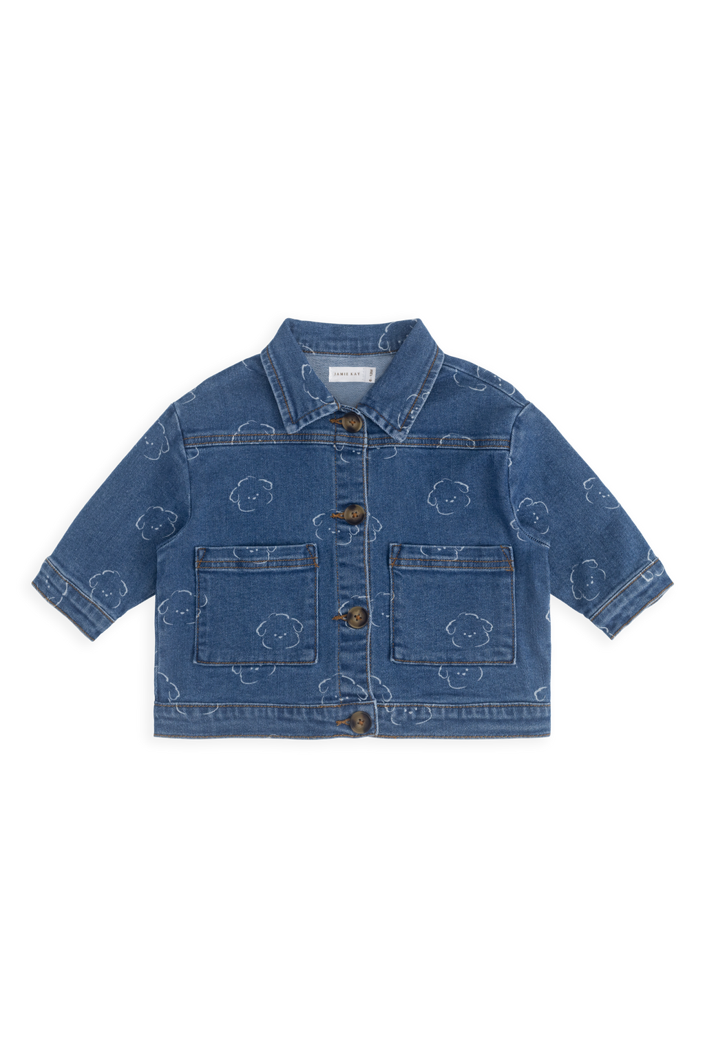 Veste en jean en coton recyclé bleu décontracté à motif intégral avec encolure à volants et poches plaquées pour enfants de 6 mois à 10 ans