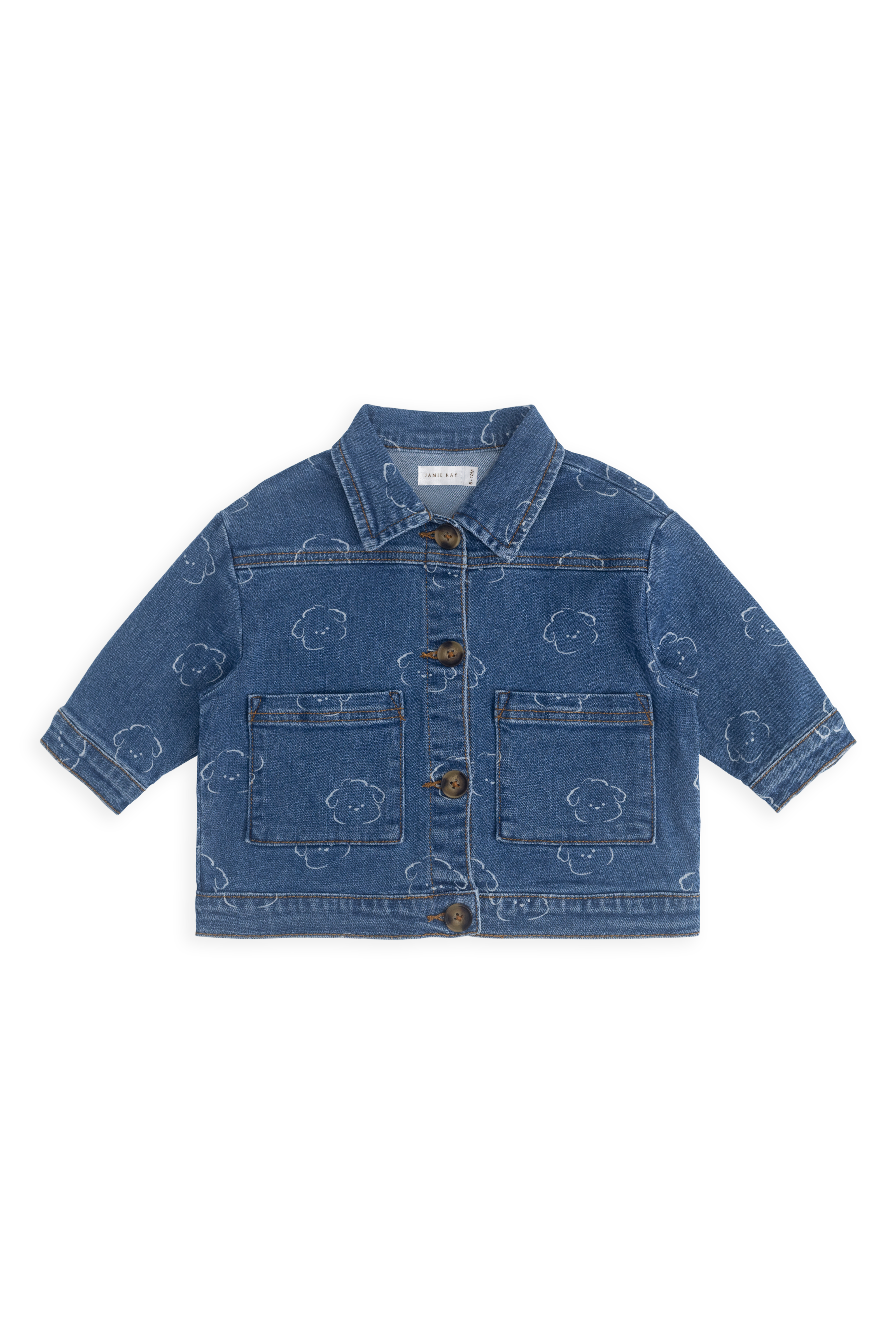 Veste en jean en coton recyclé bleu décontracté à motif intégral avec encolure à volants et poches plaquées pour enfants de 6 mois à 10 ans