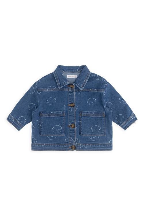 Veste en jean en coton recyclé bleu décontracté à motif intégral avec encolure à volants et poches plaquées pour enfants de 6 mois à 10 ans