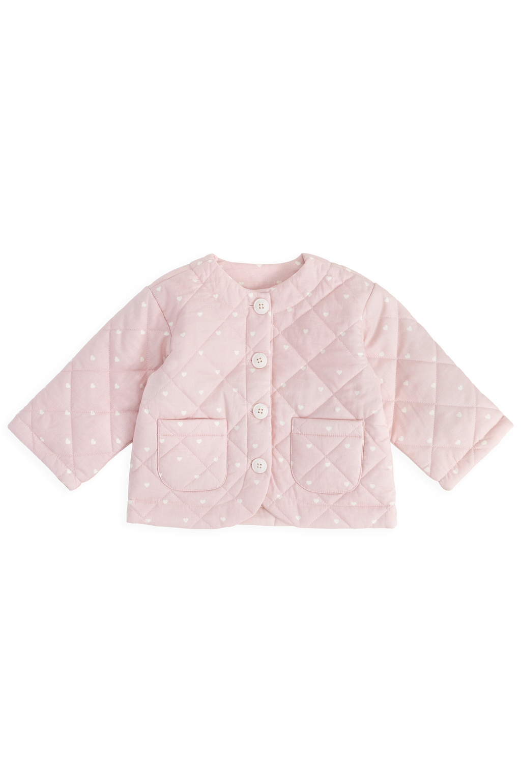 Veste en coton matelassée rose blush romantique à imprimé cœurs avec boutonnage et poches plaquées pour enfants de 6 mois à 10 ans