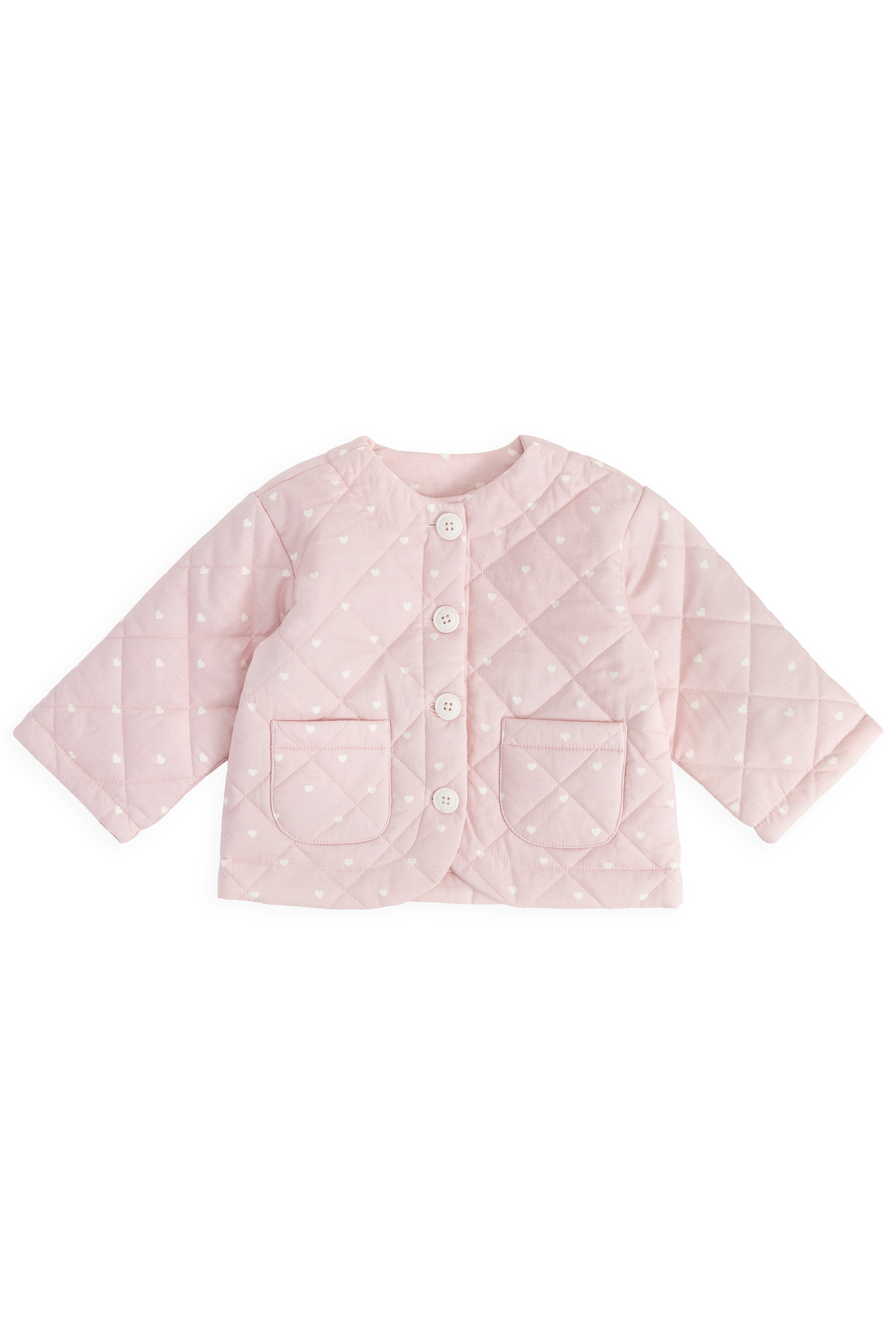 Veste en coton matelassée rose blush romantique à imprimé cœurs avec boutonnage et poches plaquées pour enfants de 6 mois à 10 ans