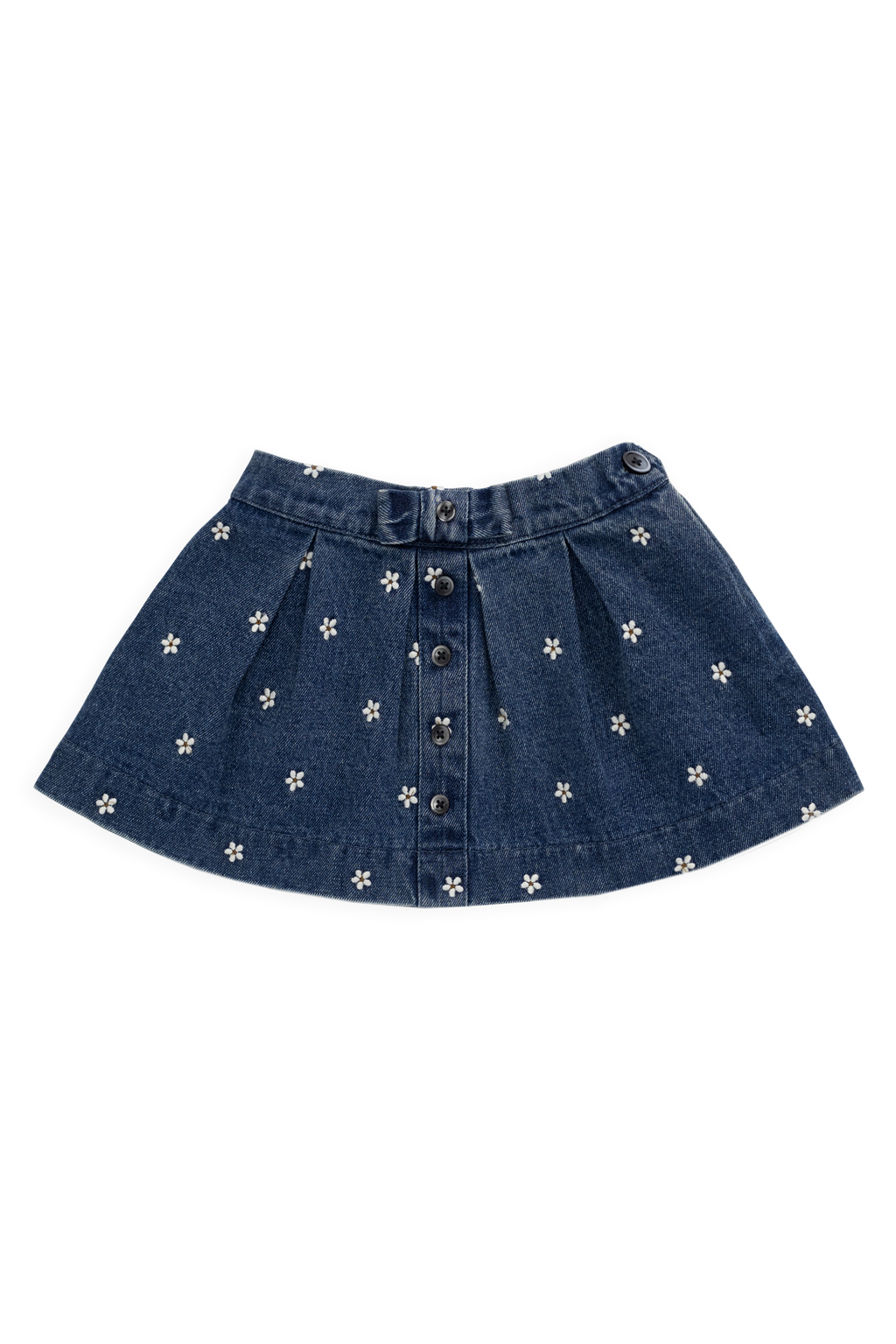 Jupe évasée en jean de coton brodé floral indigo classique avec taille plissée et fermeture boutonnée pour enfants de 6 mois à 10 ans