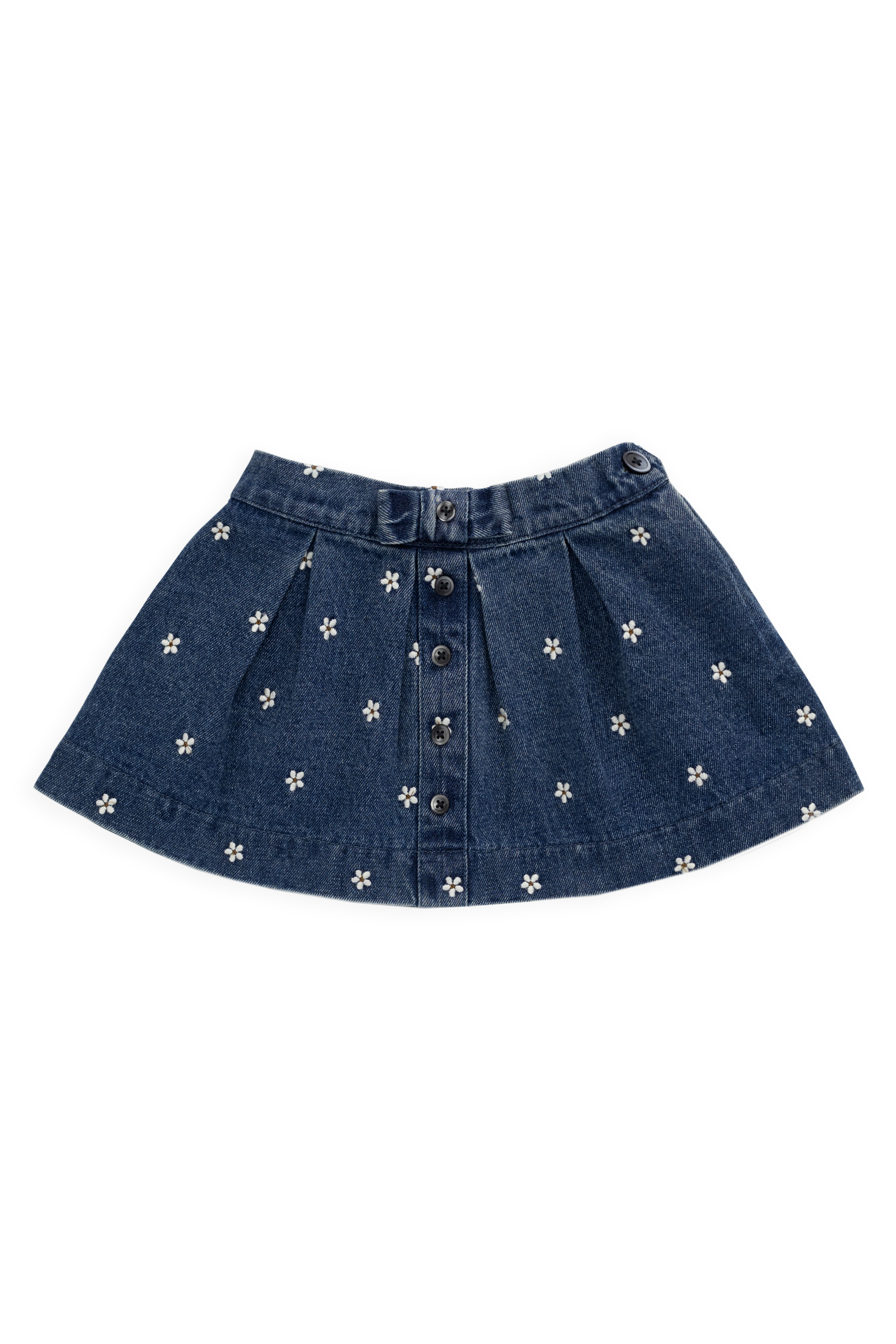 Jupe évasée en jean de coton brodé floral indigo classique avec taille plissée et fermeture boutonnée pour enfants de 6 mois à 10 ans